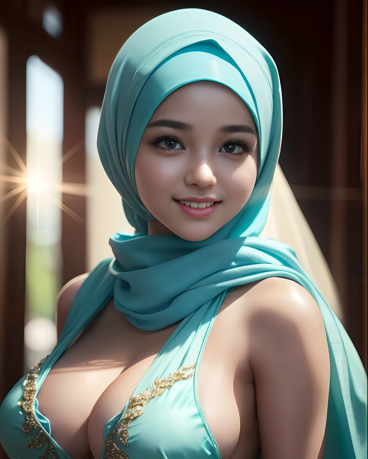 night scene, close up photo of a sexy naked malay girl with hijab, posing, look at a camera and smile, light blue pastel hijab, (green eyes:0.8), big breast, cute young face, 22 yo, soft volumetric lights, (backlit:1.3), (cinematic:1.3), intricate details, (ArtStation:1.2)