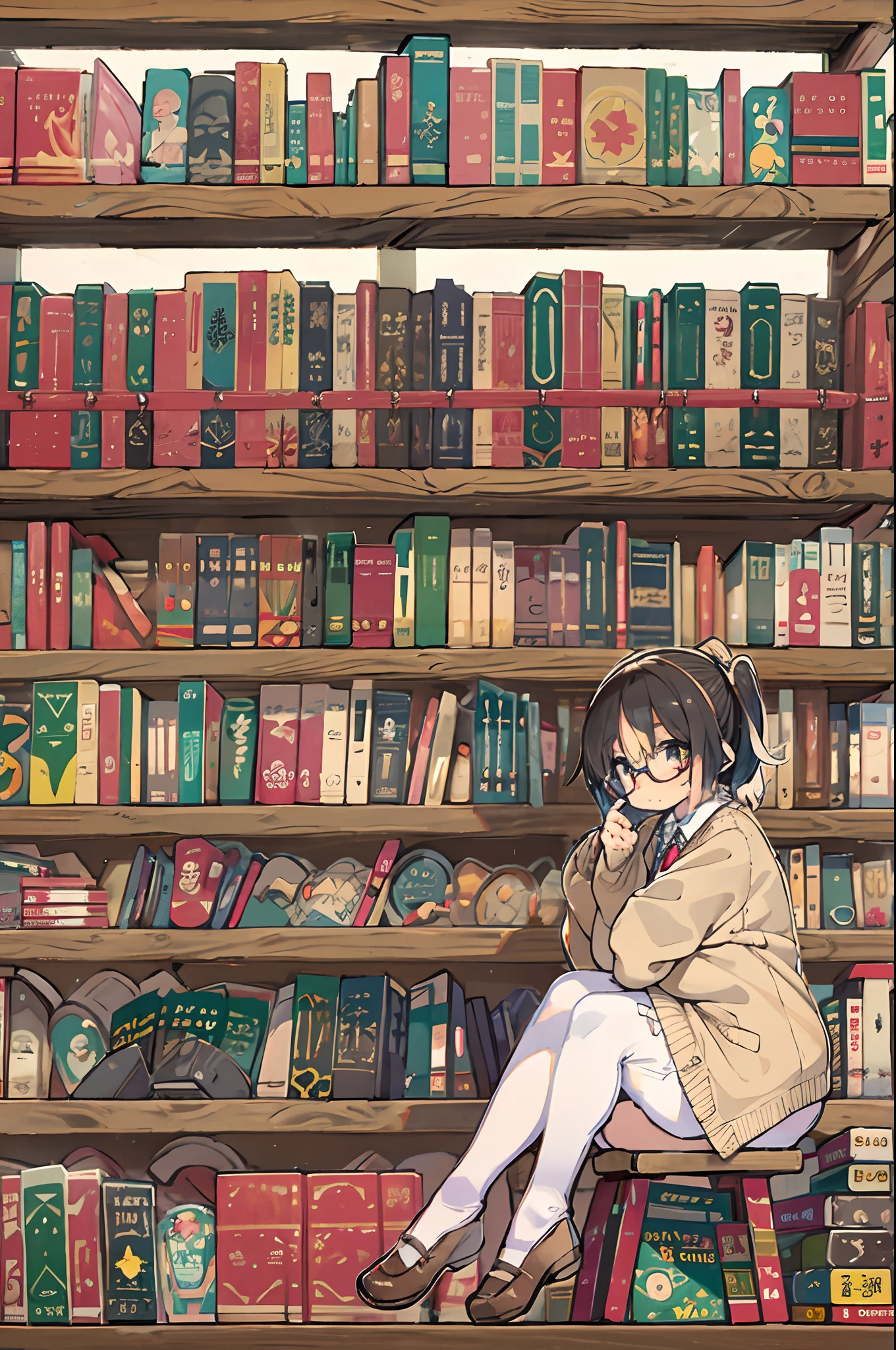Istoire、Huge library、1 librarian、One Woman、small round glasses、bbw