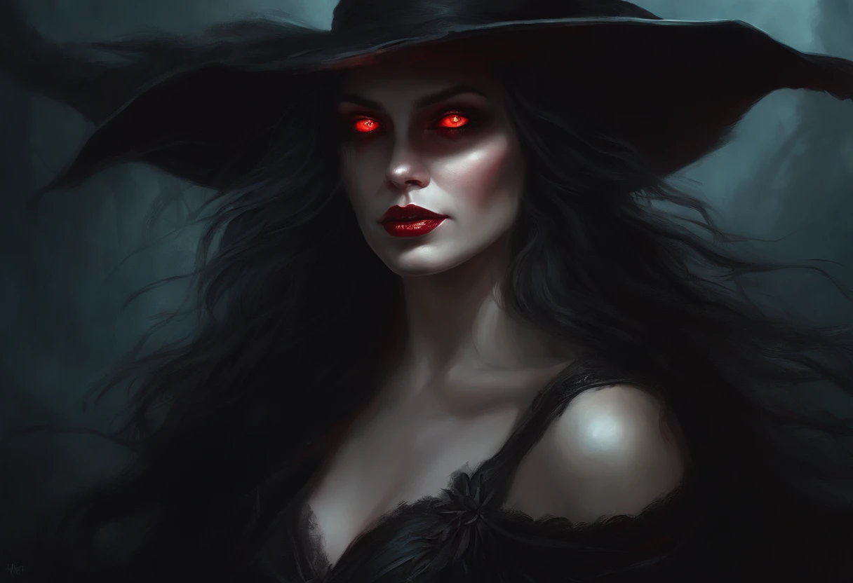 A painting of a witch with a red eyes, wearing pointed hat, inspired by Aleksi Briclot, woman, de carnage, Horror fantasy art, par Aleksi Briclot, Horror concept art, venin, Art fantastique et horreur, Detailed illustration of 4K horror, Dark Horror Art