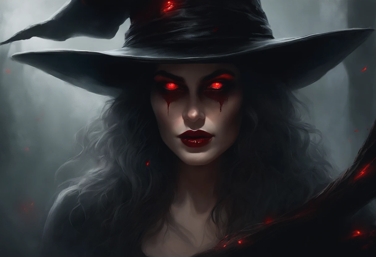 A painting of a witch with a red eyes, wearing pointed hat, inspired by Aleksi Briclot, woman, de carnage, Horror fantasy art, par Aleksi Briclot, Horror concept art, venin, Art fantastique et horreur, Detailed illustration of 4K horror, Dark Horror Art