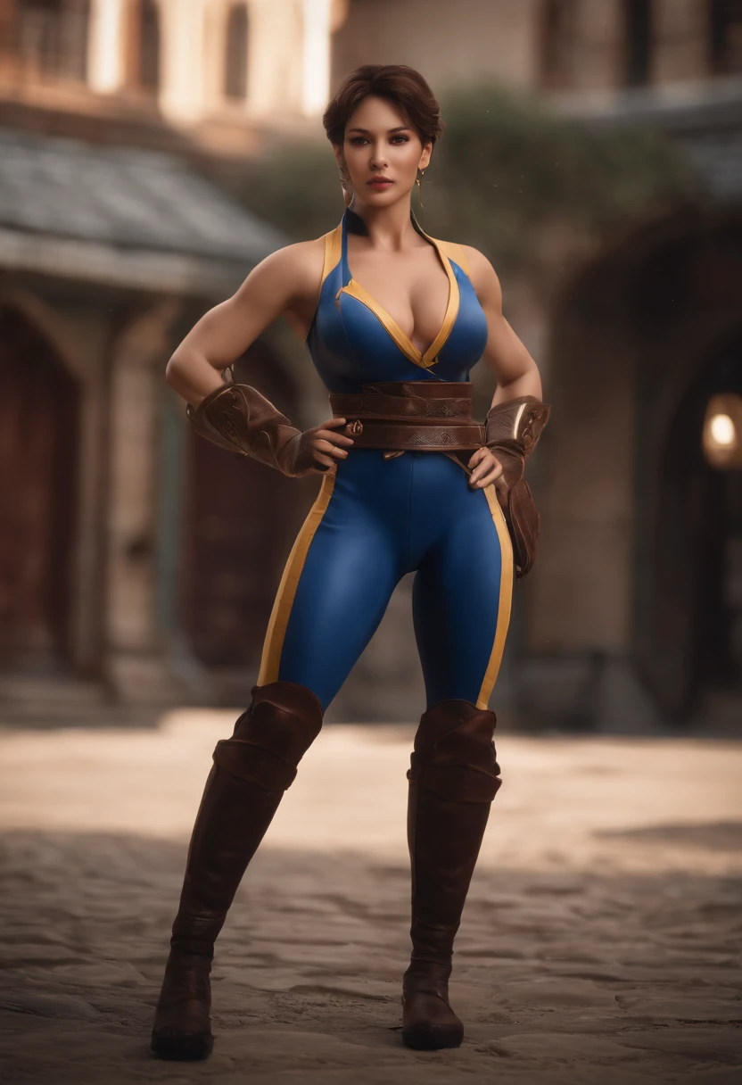 1 beauty，Street Fighter，Chun- li，Full body photo，Delicate face，Exquisite facial features，Sharp eyes，Clear fingers，Body parts，8K，primitive，Beautiful，high-definition picture quality，realisticlying，Full body photo，dynamicposes，Skin details HD，Large chest，with a well-proportioned body，eyes with brightness，Textured skin，photorealestic，Full buttocks，Full breasts，Cocked buttocks，Wasteland background