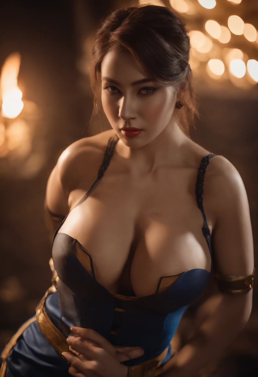 1 beauty,Street Fighter,Chun- li,Full body photo,Delicate face,Exquisite facial features,Sharp eyes,Clear fingers,Body parts,8K,primitive,Beautiful,high-definition picture quality,realisticlying,Full body photo,dynamicposes,Skin details HD,Large chest,with a well-proportioned body,eyes with brightness,Textured skin,photorealestic,Full buttocks,Full breasts,Cocked buttocks,Wasteland background