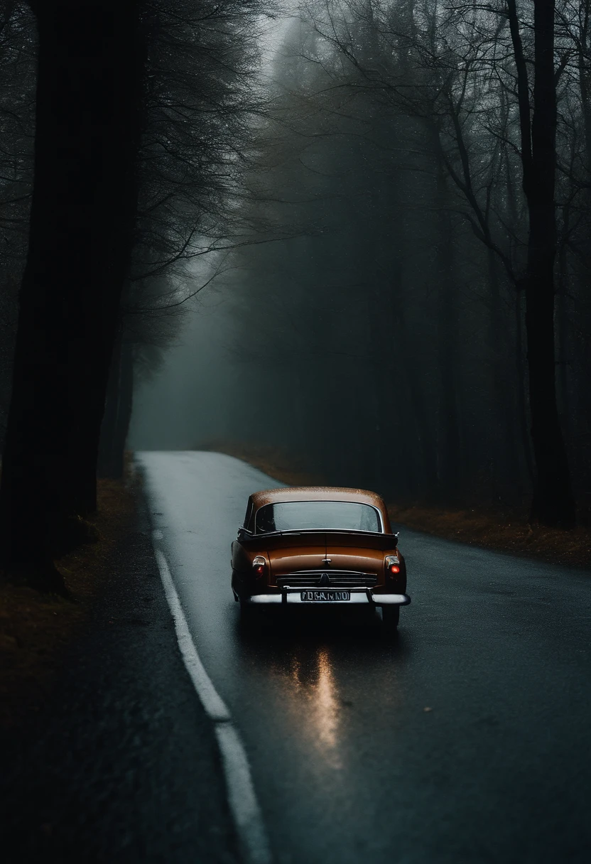 belle voiture, saison de pluie, melancholie, fond sombre, eclair, montagne, Real-life disposable Kodak photo,
