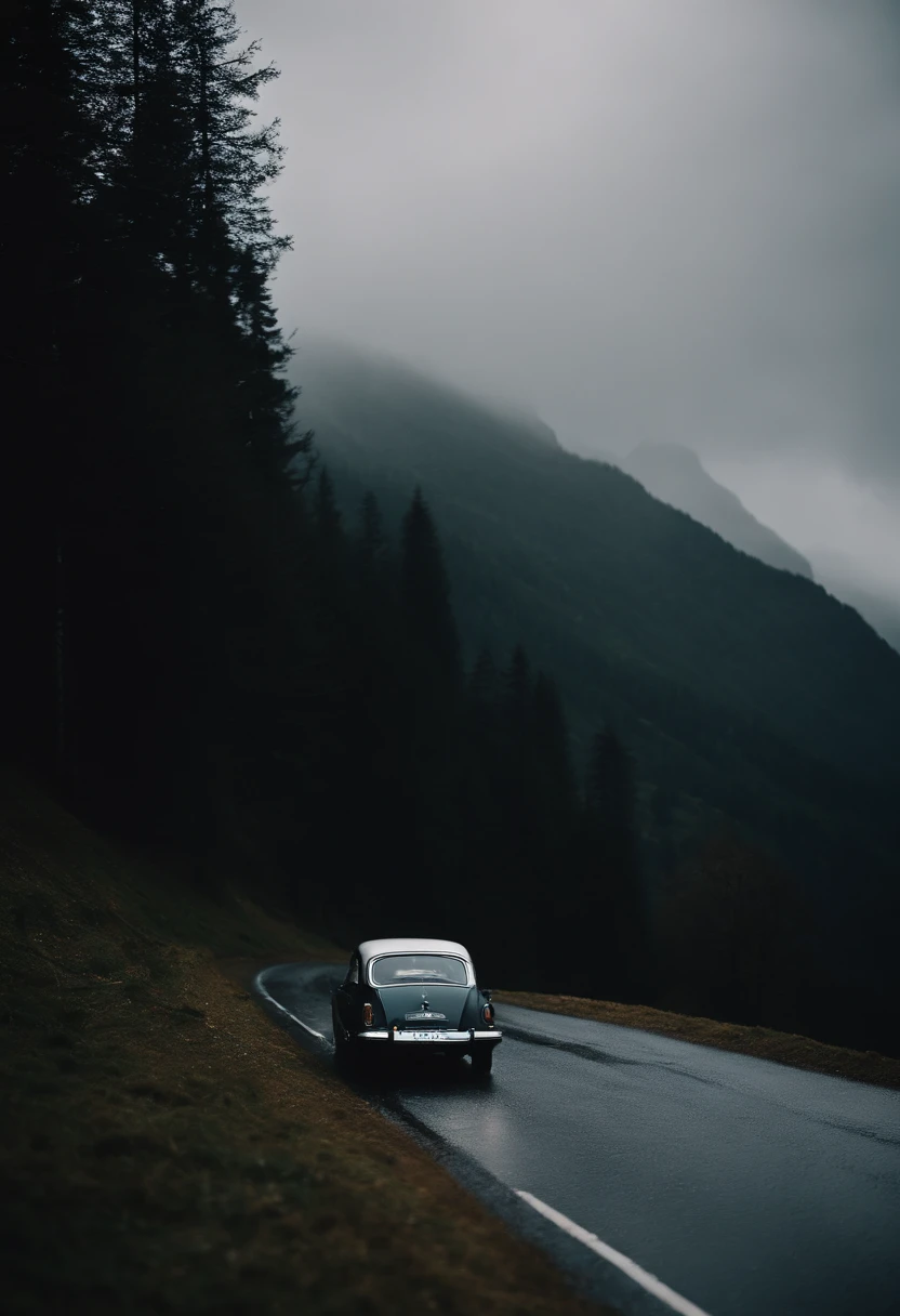 belle voiture, saison de pluie, melancholie, fond sombre, eclair, montagne, Real-life disposable Kodak photo,