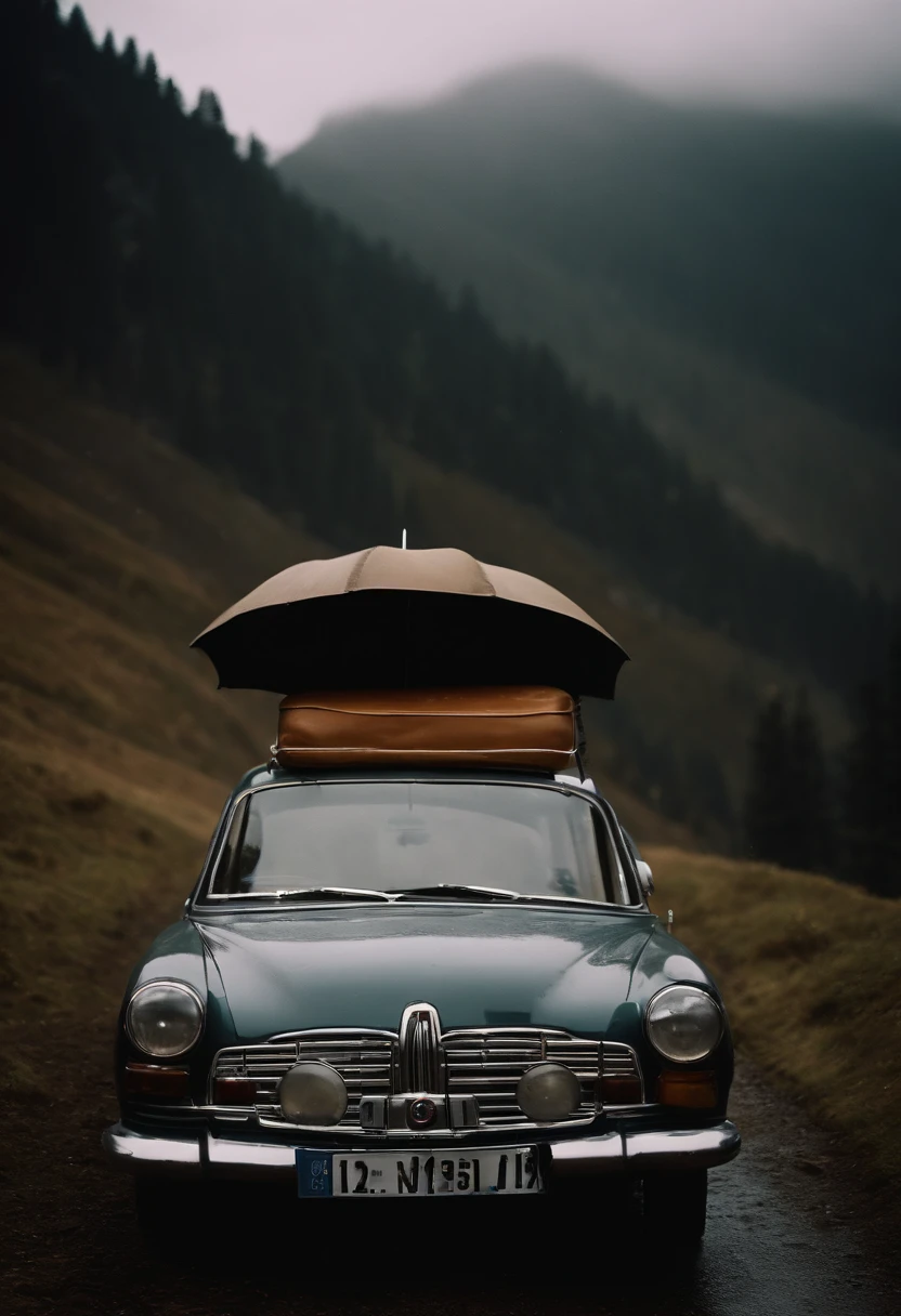 belle voiture, saison de pluie, melancholie, fond sombre, eclair, montagne, Real-life disposable Kodak photo,