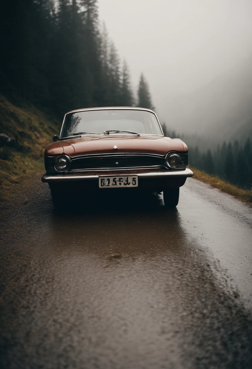 belle voiture, saison de pluie, melancholie, fond sombre, eclair, montagne, Real-life disposable Kodak photo,