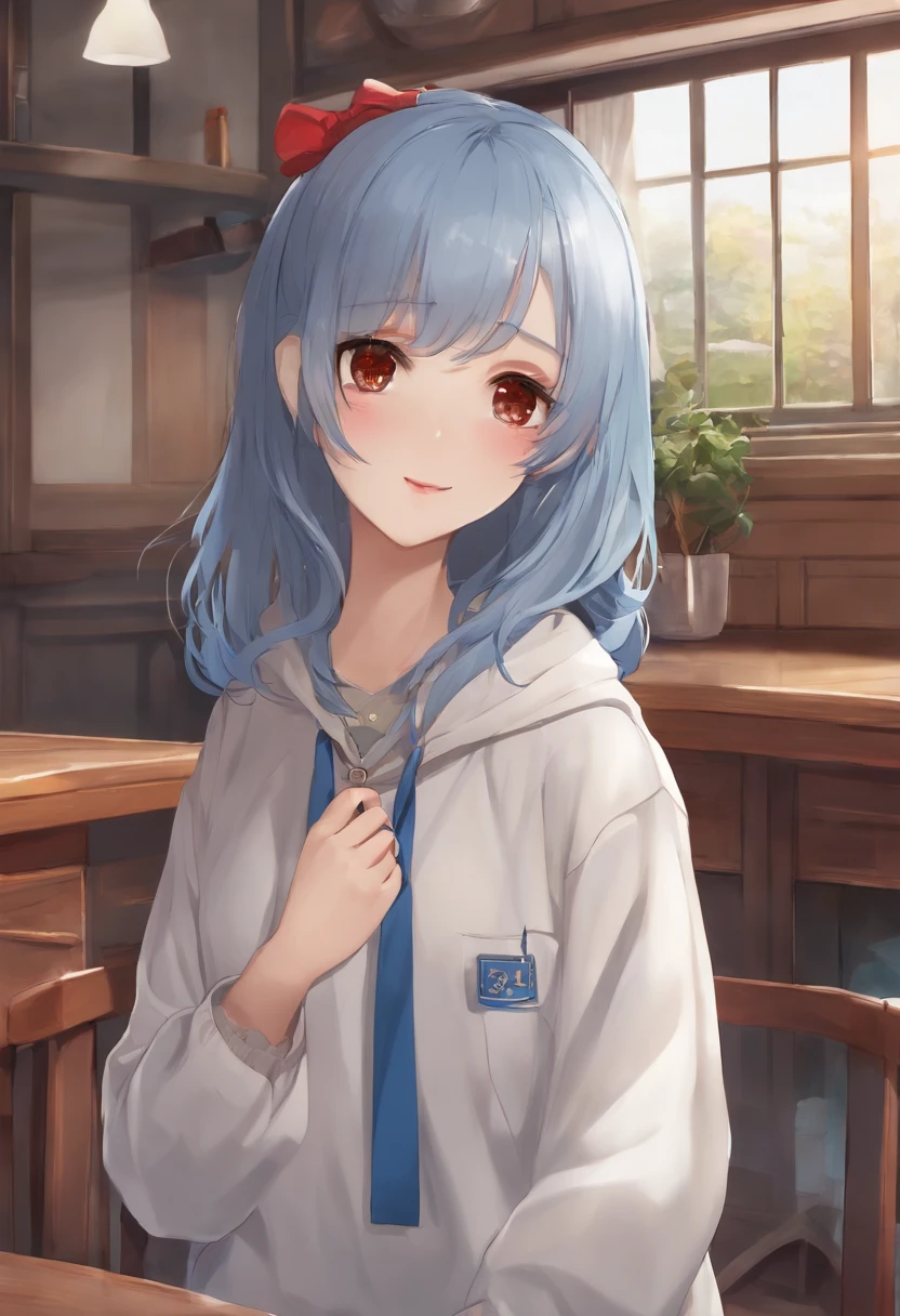 background at room、女の子 1 人、is standing、Japan School Uniforms、skirt by the、Blue hair color、short-hair、hair pin、red eyes、Mole under the mouth、Under large clothes、White hoodie、ssmile、top-quality、