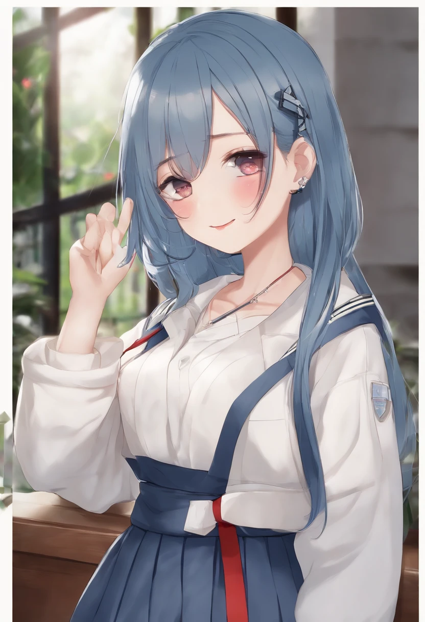 background at room、 1 人、is standing、Japan School Uniforms、skirt by the、Blue hair color、short-hair、hair pin、red eyes、Mole under the mouth、Under large clothes、White hoodie、ssmile、top-quality、