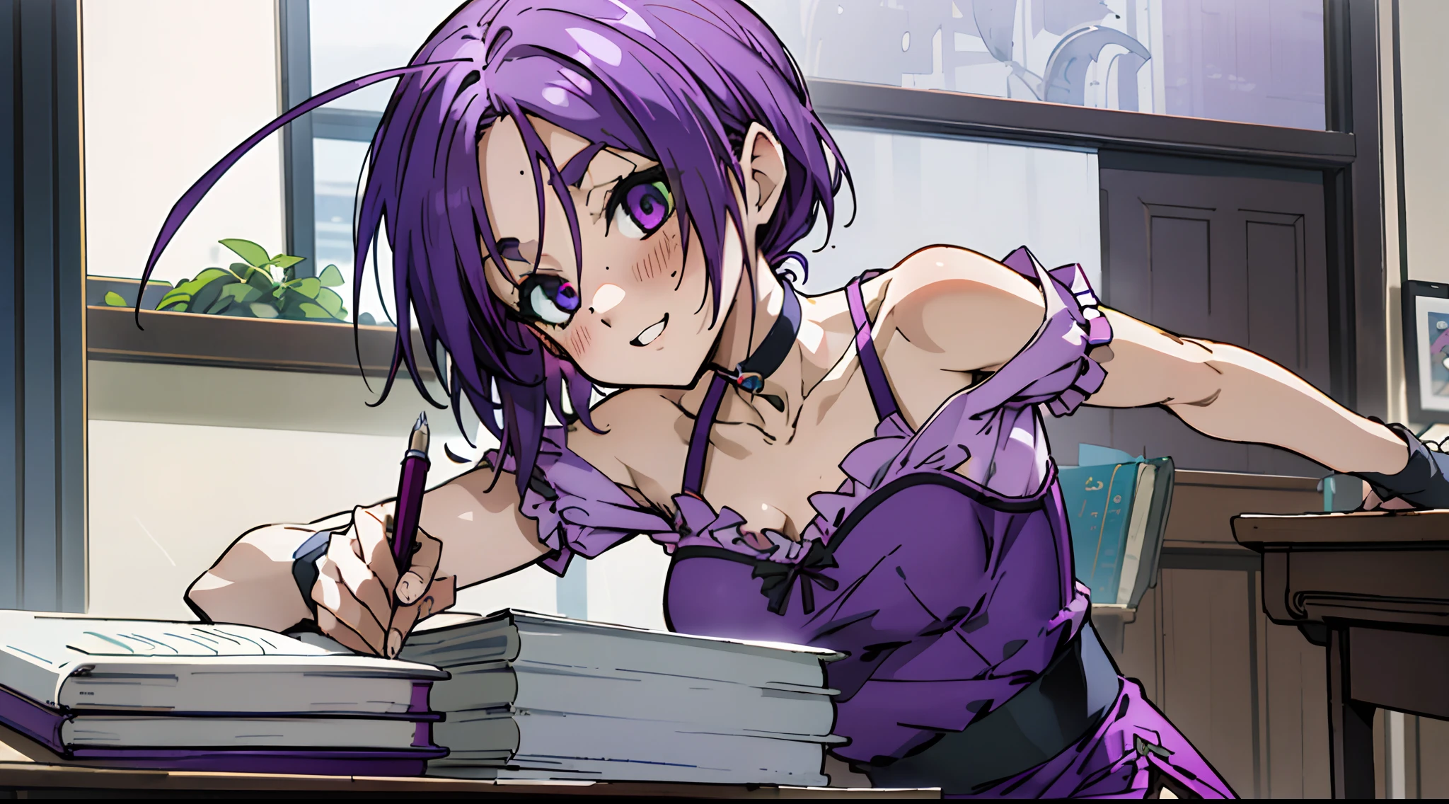 Masterpiece, Best quality, Ultra-detailed, Off-the-shoulder attire, Colorful,take up close, Hyper-detailing,purple color hair, reo mikage, bluelock, no sleeves, camisole, blue camisole, cheongsam, chinese clothes, chest exposure, underwear, frilly underwear, the kinky is exposed, choker, black choker, arm warmers, sexy breasts, scar, big breasts, red blush, 1girl, Solo, sharpy face, heterochromia, green eyes, purple eyes, Bare neck, happiness face, Bedroom, bed, desk, paper, book, pen, quill on desk, pen in right hand, chin resting