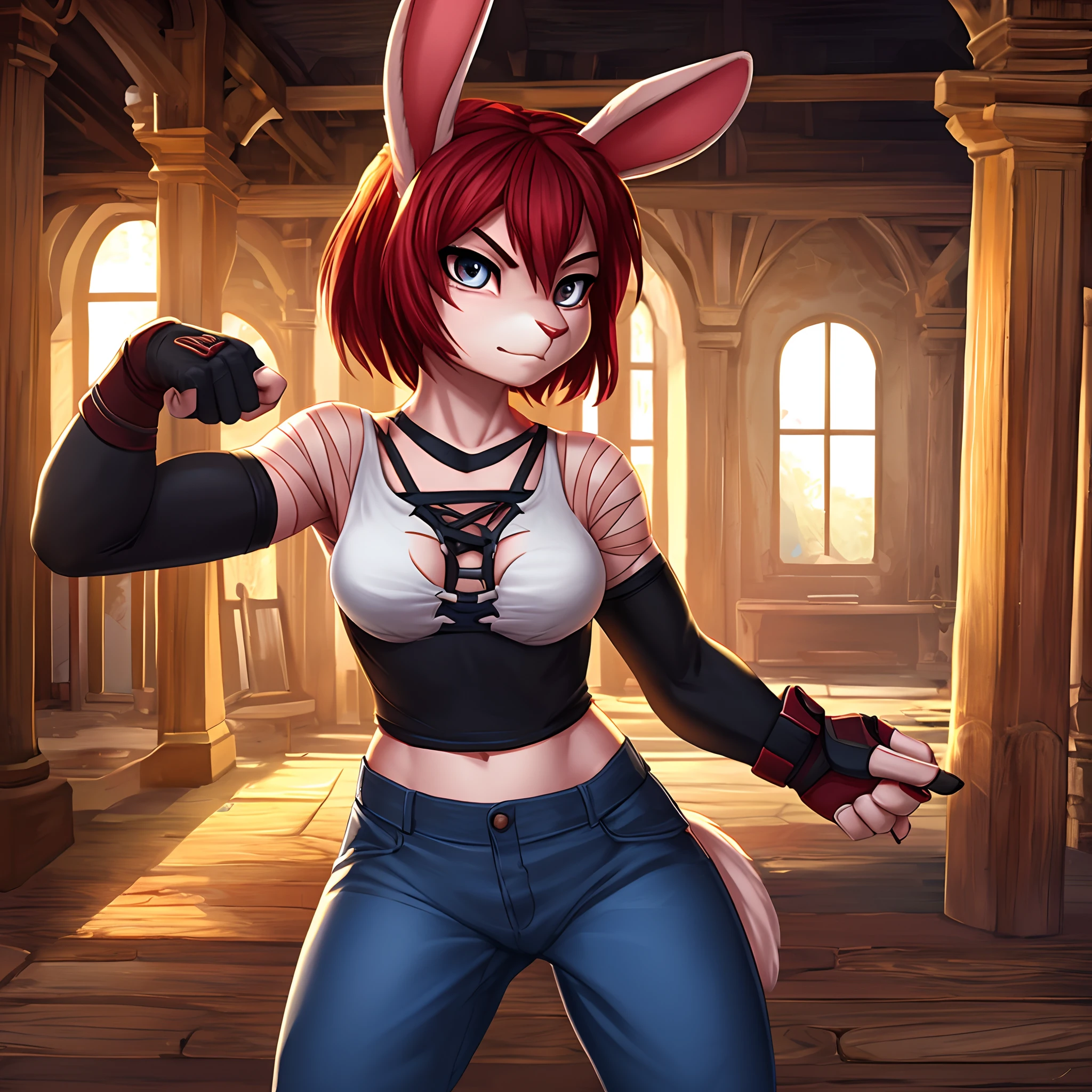 (High resolution, best quality, masterpiece) highly detailed, intricate detail, full body, no bad anatomy, (toned body,), 1girl, young 20s, anthro rabbit woman, (red bunny ears, bunny tail), (detailed eyes), short red hair, medium breast, (topwear: black top), (bottomwear: blue pants), (handwear: bandages))), fingerless gloves, fierce looking, determined expression, stretching
