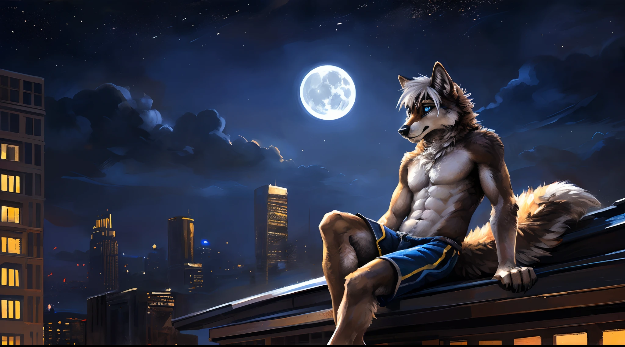((Solo)), male people, anthro wolf, (Multi-colored fur, White-brown:1.3), ((Wolf face, White hair, Big eyes, White eyelids, Blue pupil, Slim:1.2) (Tough, Calm expression:1.2)), Abs, Slim, pinging)), (Correct anatomy), (Work shorts:1.1), (Contour bone:1.2), The upper body is naked, (detailed outfits),A big tail，Feet，Long legs，(Realistic fur, Detailed fur texture, labeled:1.3)), (Natural lighting), Photorealistic, Hyperrealistic, ultradetailed, by Kenket，In the modern city，Roof roof，the night，Sit alone，Look at the full moon，It was dark，Starry