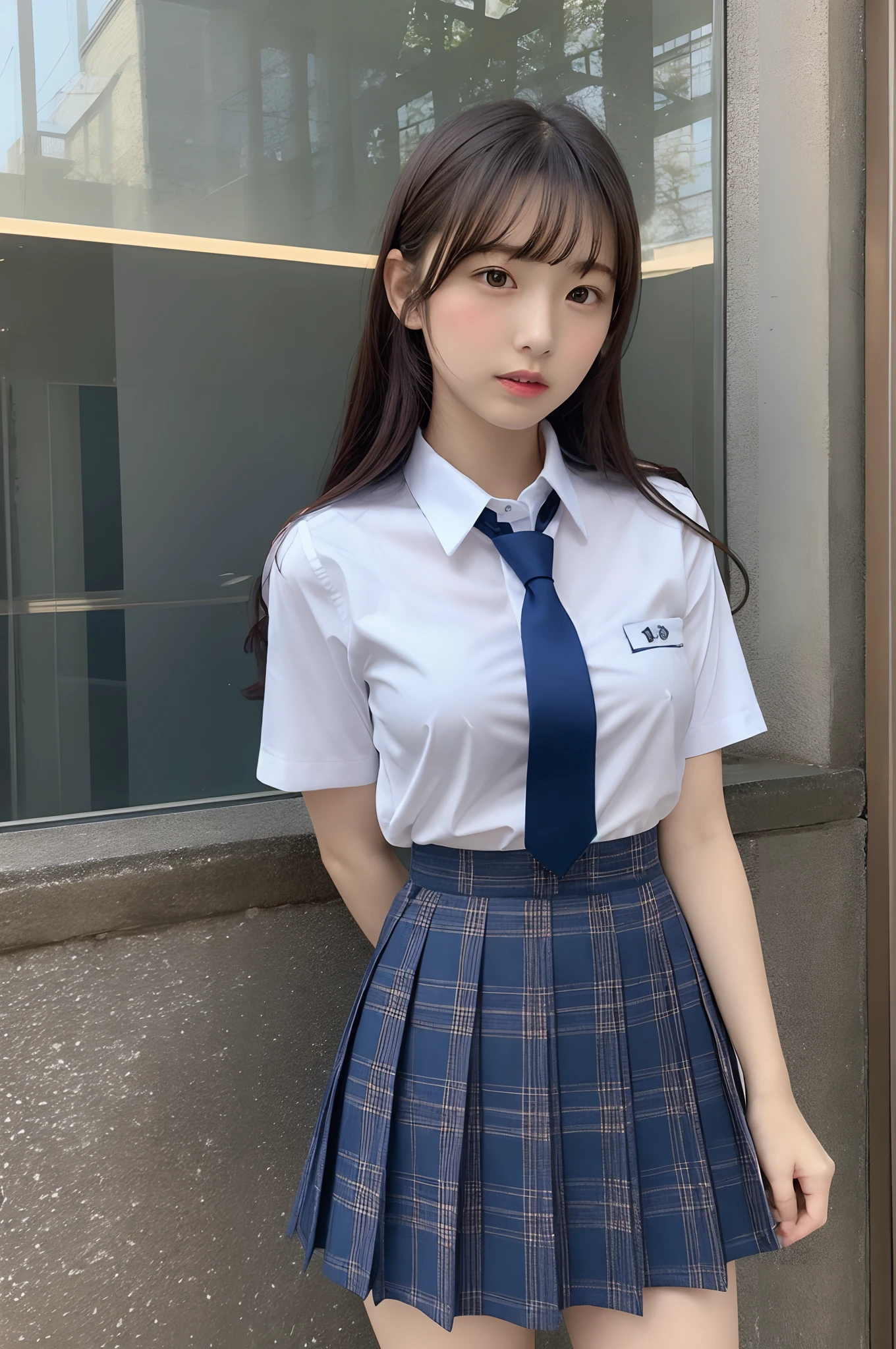 ((top-quality、​masterpiece))、Raw photography、8K、top-quality、 超A high resolution、Beautiful face in every detail、Realistic human skin、Gentle expression、front-facing view、Farbe々From an angle、length hair、realisitic、Photorealsitic、cute little、a short skirt、cute school girl、Japan schoolgirl wearing uniform、Surreal High School Girl、full body Esbian、blue-sky、