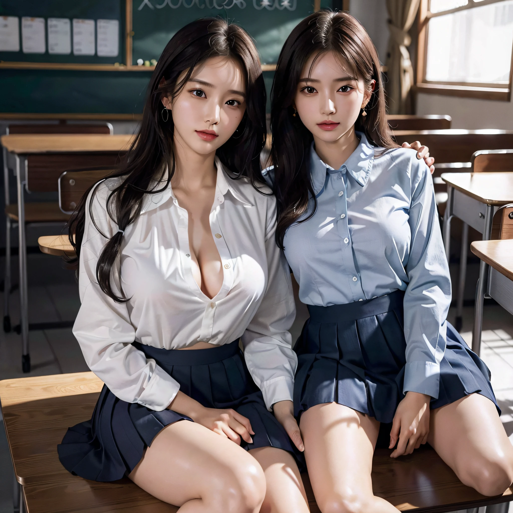 absurdres, RAW photo, extremely delicate and beautiful, masterpiece, Best Quality, ultra high resolution, 16k, hyperrealistic, ultra-detailed, Very detailed CG 8k wallpaper, Beautiful Lighting, Perfect Lightning, Realistic Shadows, perfect anatomy, super Detailed skin, perfect figure, Japanese woman, late 20s, very Slim body, narrow waist, very small head, handsome detailed woman, very detailed eyes and face, realistic face proportions, Stunning detailed eyes, Realistic beautiful face, very small face, Realistic small beautiful eyes, double eyelids, makeup, tearful mole, mole on chest, earring, bare legs, beautiful and very thin legs, beautiful and very thin thighs, (((very huge round breasts))), (((full body shot))), ((short hair)), wavy hair, (((korean school uniform, summer school uniform shirt, dress shirt))), midriff peek, (((yuri))), (((((2 girls))))), (hug),