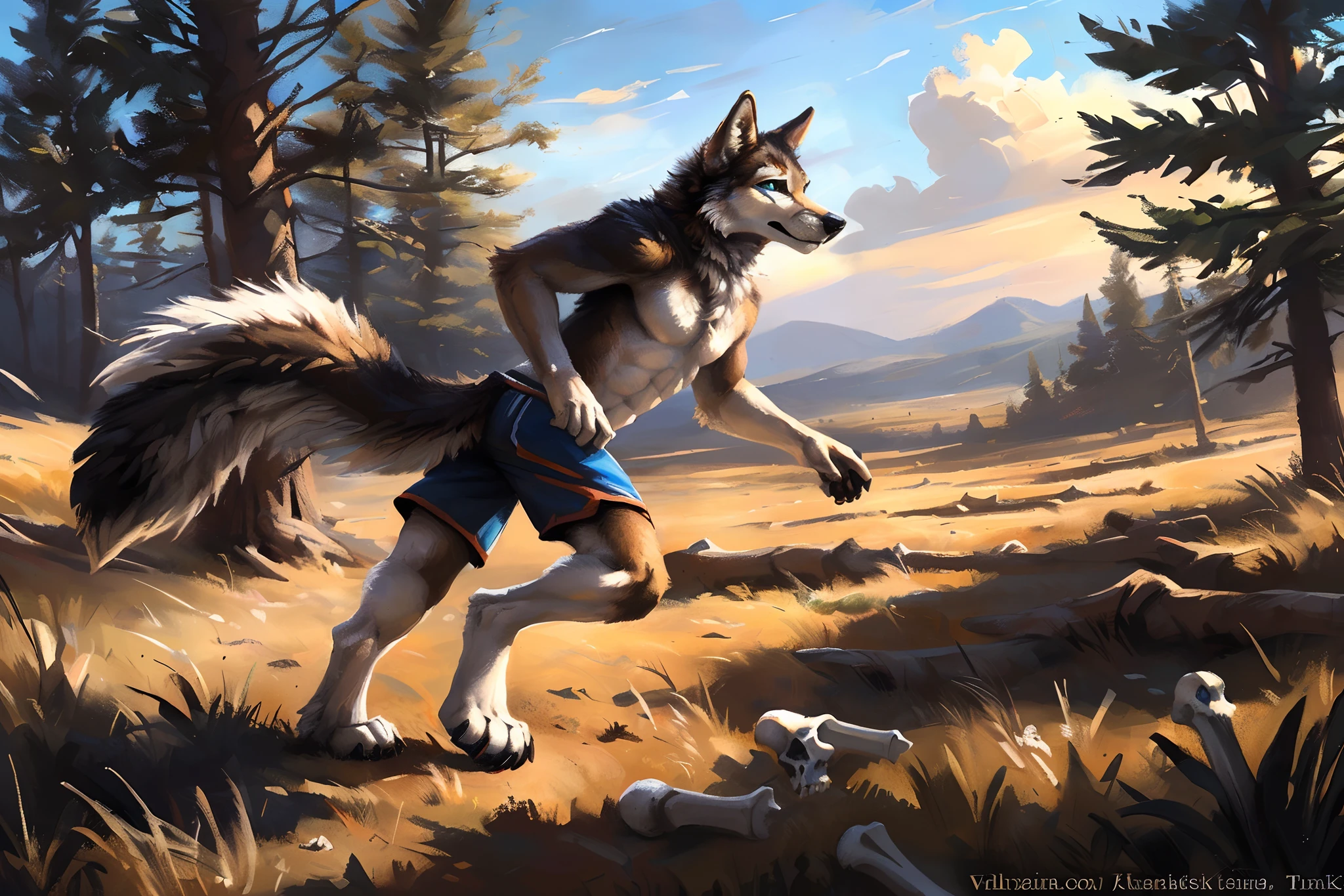 ((Solo)), male people, anthro wolf, (Multi-colored fur, White-brown:1.3), ((Wolf face, White hair, Big eyes, White eyelids, Blue pupil, Slim:1.2) (Tough, Calm expression:1.2)), Abs, Slim, pinging)), (Correct anatomy), (Work shorts:1.1), (Contour bone:1.2), The upper body is naked, (detailed outfits),A big tail,Feet,(Realistic fur, Detailed fur texture, labeled:1.3)), (Natural lighting), Photorealistic, Hyperrealistic, ultradetailed, by Kenket,Endless grasslands,No artificiality,erect through,Running on