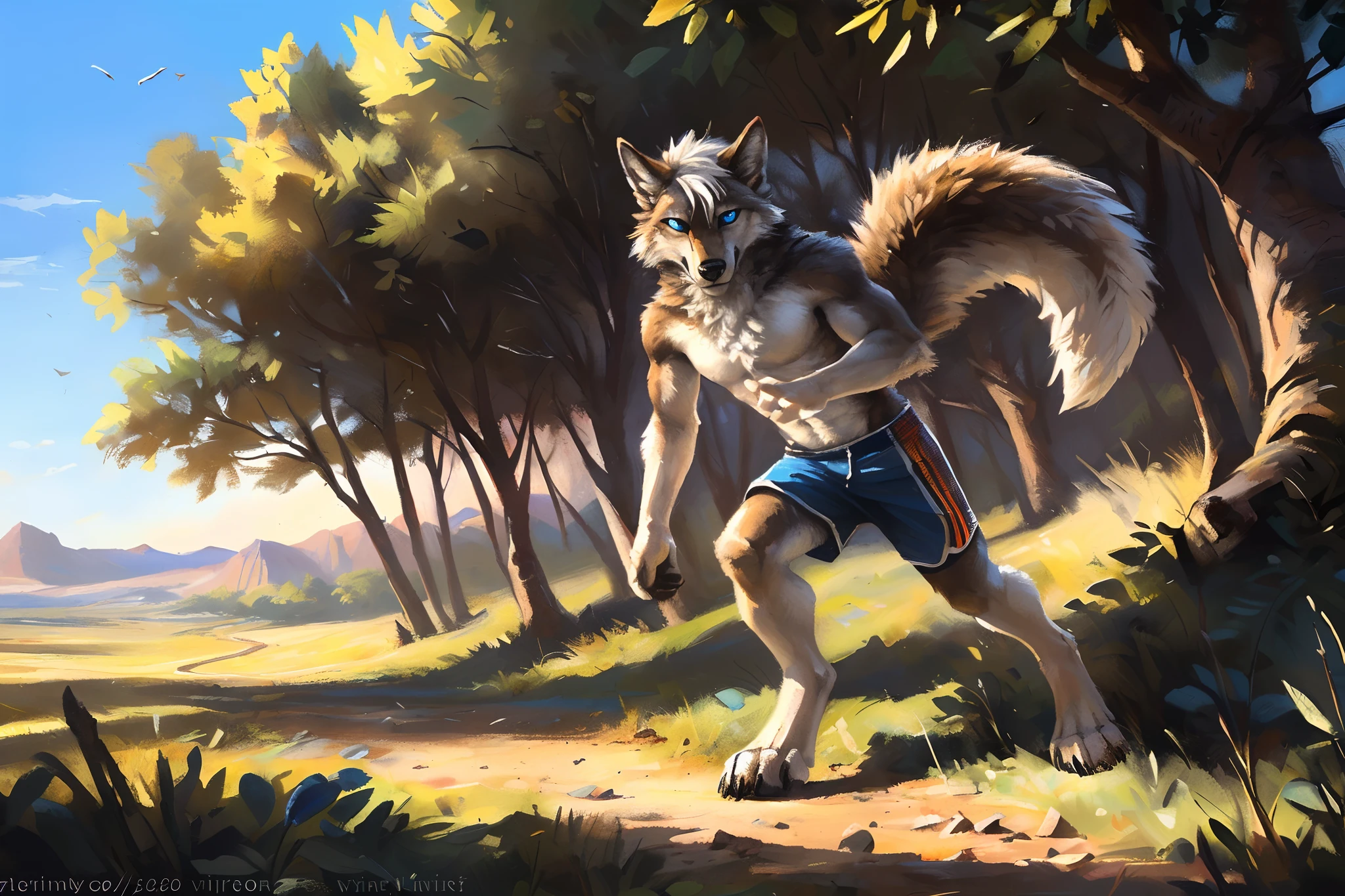 ((Solo)), male people, anthro wolf, (Multi-colored fur, White-brown:1.3), ((Wolf face, White hair, Big eyes, White eyelids, Blue pupil, Slim:1.2) (Tough, Calm expression:1.2)), Abs, Slim, pinging)), (Correct anatomy), (Work shorts:1.1), (Contour bone:1.2), The upper body is naked, (detailed outfits),A big tail,Feet,(Realistic fur, Detailed fur texture, labeled:1.3)), (Natural lighting), Photorealistic, Hyperrealistic, ultradetailed, by Kenket,Endless grasslands,No artificiality,erect through,Running on