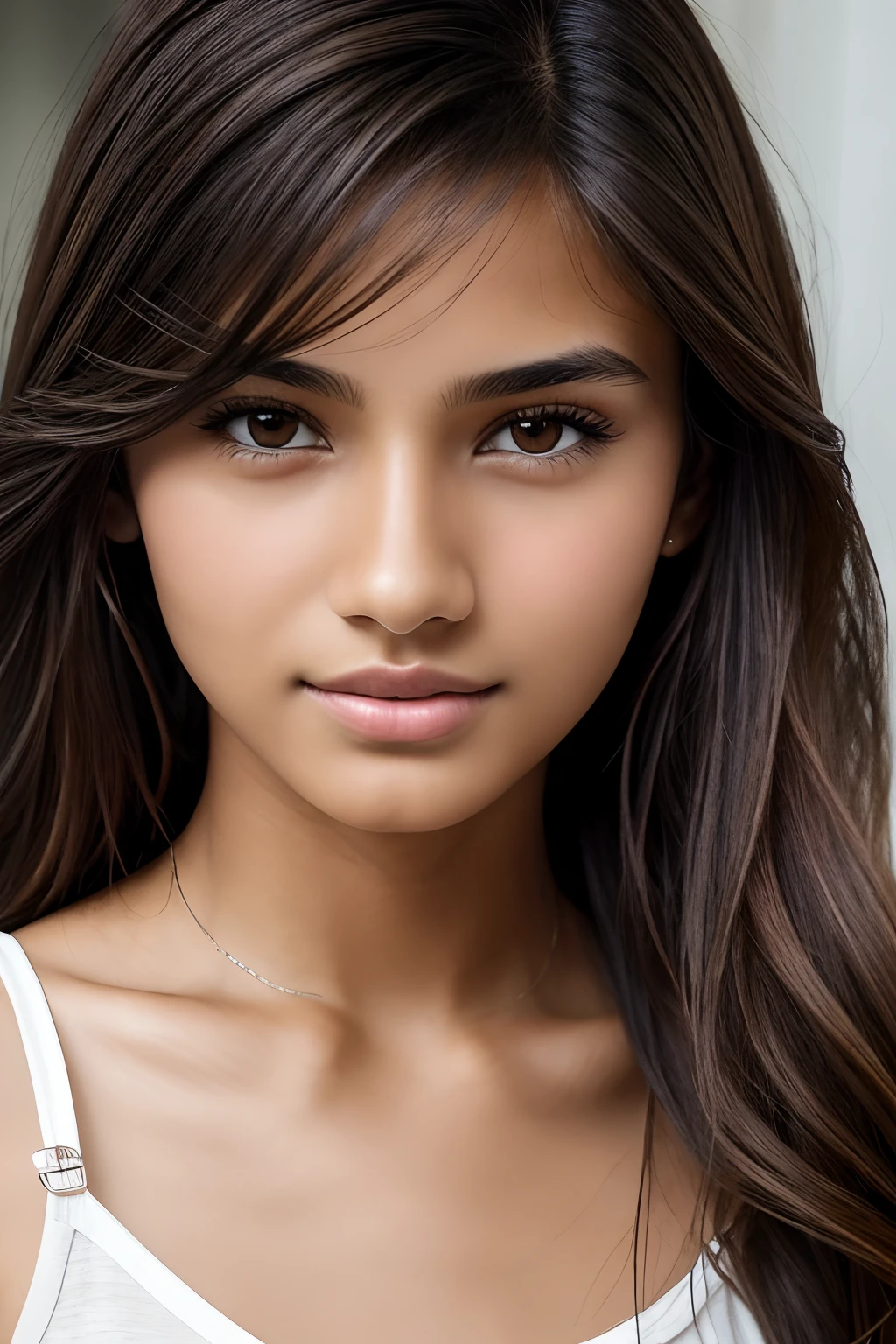 A beautiful girl, 17 years old, light tanned skin, slim, wavy dark brown hair, long hair, stylish feminine haircut, attractive face, young feminine face, light brown eyes, serious features, straight nose, detailed face , full lips, thin face, wearing casual feminine clothes, posing for a photo, edited in Adobe Premiere, 8k
