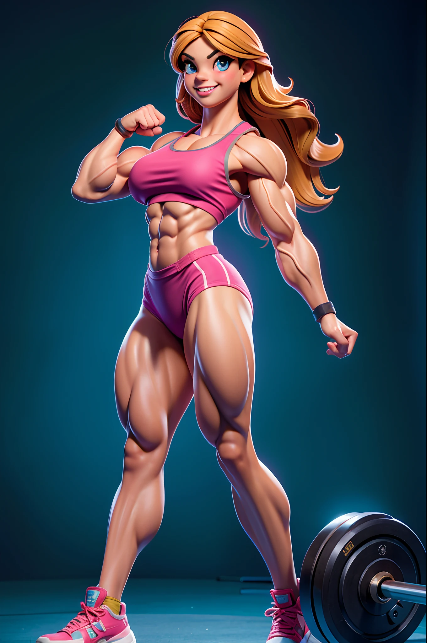 Best Quality, 超A high resolution, Photo Shot, (Photorealistic:1.4), 1girl in, Caucasian, Bodybuilder Girls, Muscle Girl, Smile,
 At the gym, Wear gym clothes, lifting weights, Looking at Viewer, Cute, Full body, Detailed eyes, Detailed face, lightsmile, View underwear, wrestler