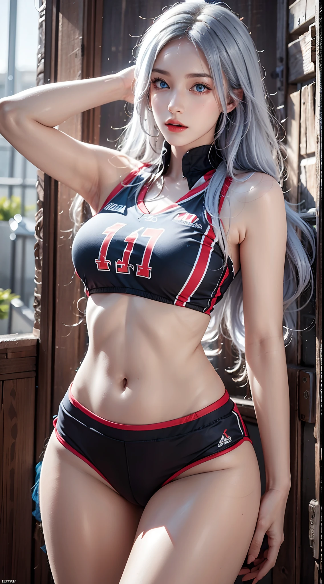 photorealistic, high resolution, soft lights, 1women, solo, hips up, (blue eyes, long hair, white hair), volleyball uniform, hips up