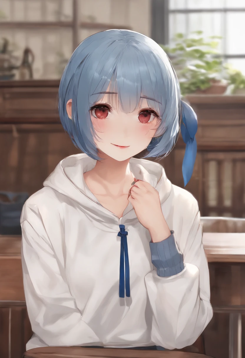 background at room、女の子 1 人、is standing、Japan School Uniforms、skirt by the、Blue hair color、short-hair、hair pin、red eyes、Mole under the mouth、Under large clothes、White hoodie、ssmile、top-quality、