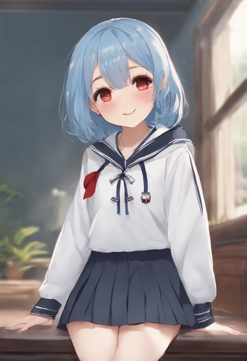background at room、女の子 1 人、is standing、Japan School Uniforms、skirt by the、Blue hair color、short-hair、hair pin、red eyes、Mole under the mouth、Under large clothes、White hoodie、ssmile、top-quality、