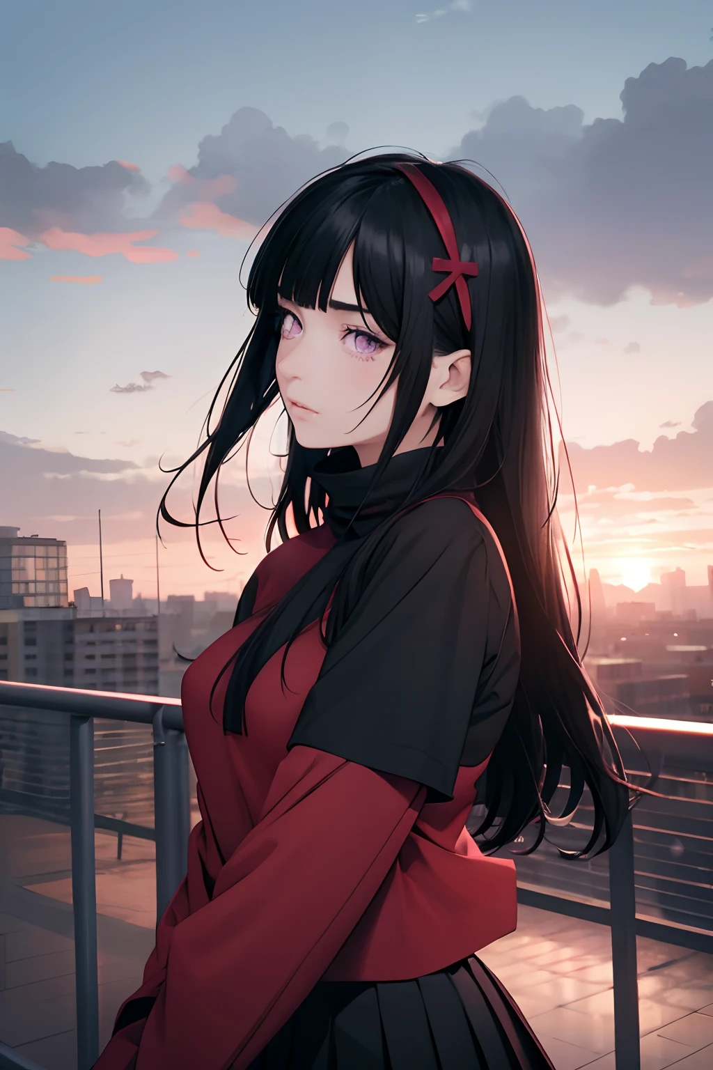 Candid Shot At Girl Picture, Volumetric Lighting, Best Shadows, Shallow Depth of Field, Portrait Of Stunningly Beautiful Girl, Delicate Beautiful Attractive Face With Alluring Sharp purple Eyes, Sharp Eyebrows, Enjoying The Scenery, Closed Mouth, Lovely Medium Breasts, Layered Long dark blue Two-Side Up Hair, Windswept Hair, Hair Ribbon, Blush Eyeshadow, Thick Eyelashes, Cross On The Red Turtleneck Shirt, Long Sleeve, Slim Waist, Black Short Pleated Skirt, Thigh Gap, Black Thigh-High Stockings, Red Sky At Night, Clouds, School Rooftop, Under Red Moon, Rooftop Guardrails, Villagescape, Facing Away, Side View of Leaning On Railing, Shoulder Blades, (Highest Quality, Amazing Details:1.25), (Solo:1.3), Brilliant Colorful Paintings, Blunt Bangs