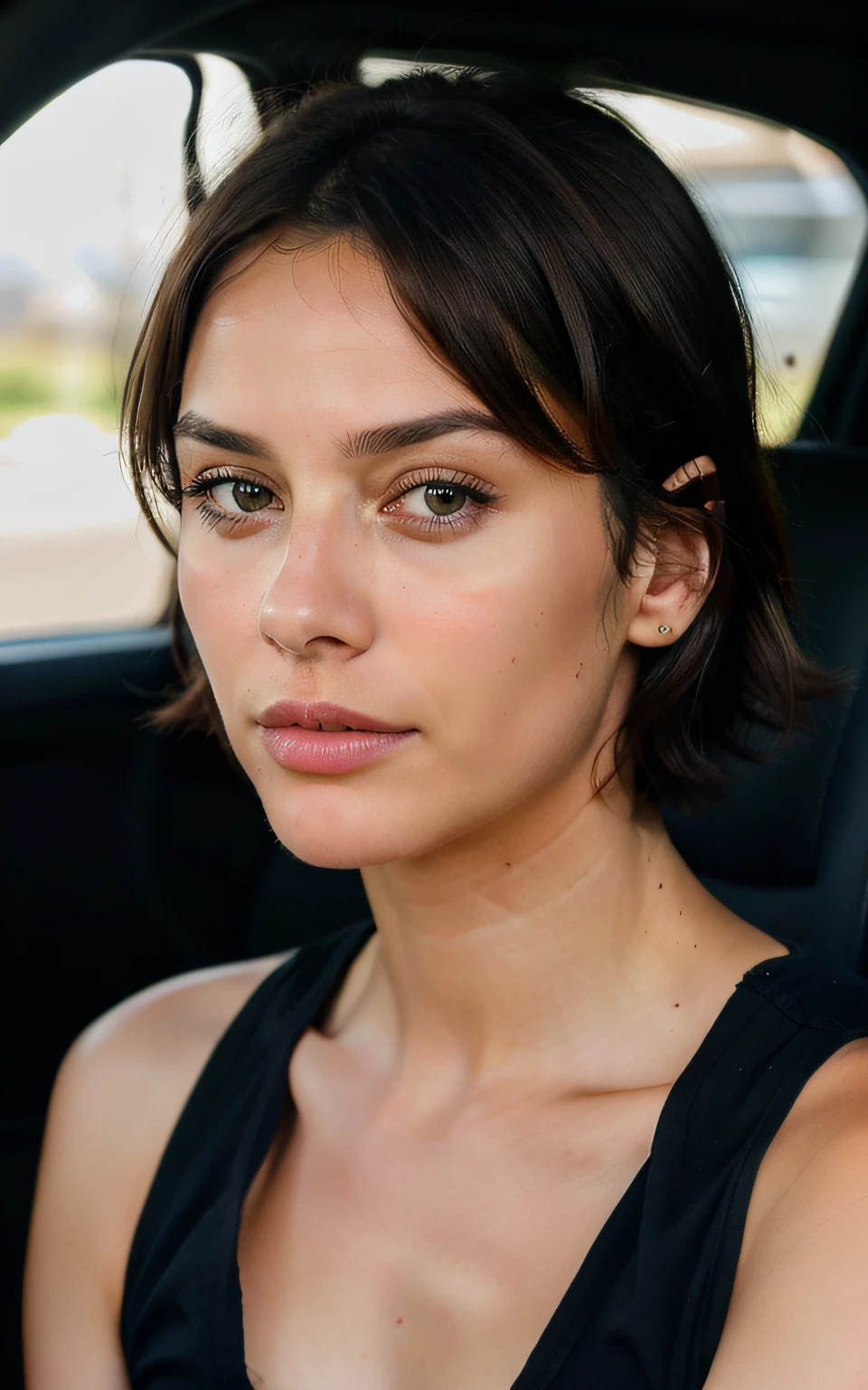 cute beautiful brunette with no make up, car selfie, tired, very detailed, 25 years old, short hair, brown eyes, high-res, best quality, intricate details, highly detailed, detailed skin, realistic skin texture, detailed eyes, tired face, shot on phone, 85mm,shallow depth of field, extremely detailed, photo_\(ultra\), photorealistic, realistic, post-processing, max detail, roughness, real life, ultra realistic, photorealism