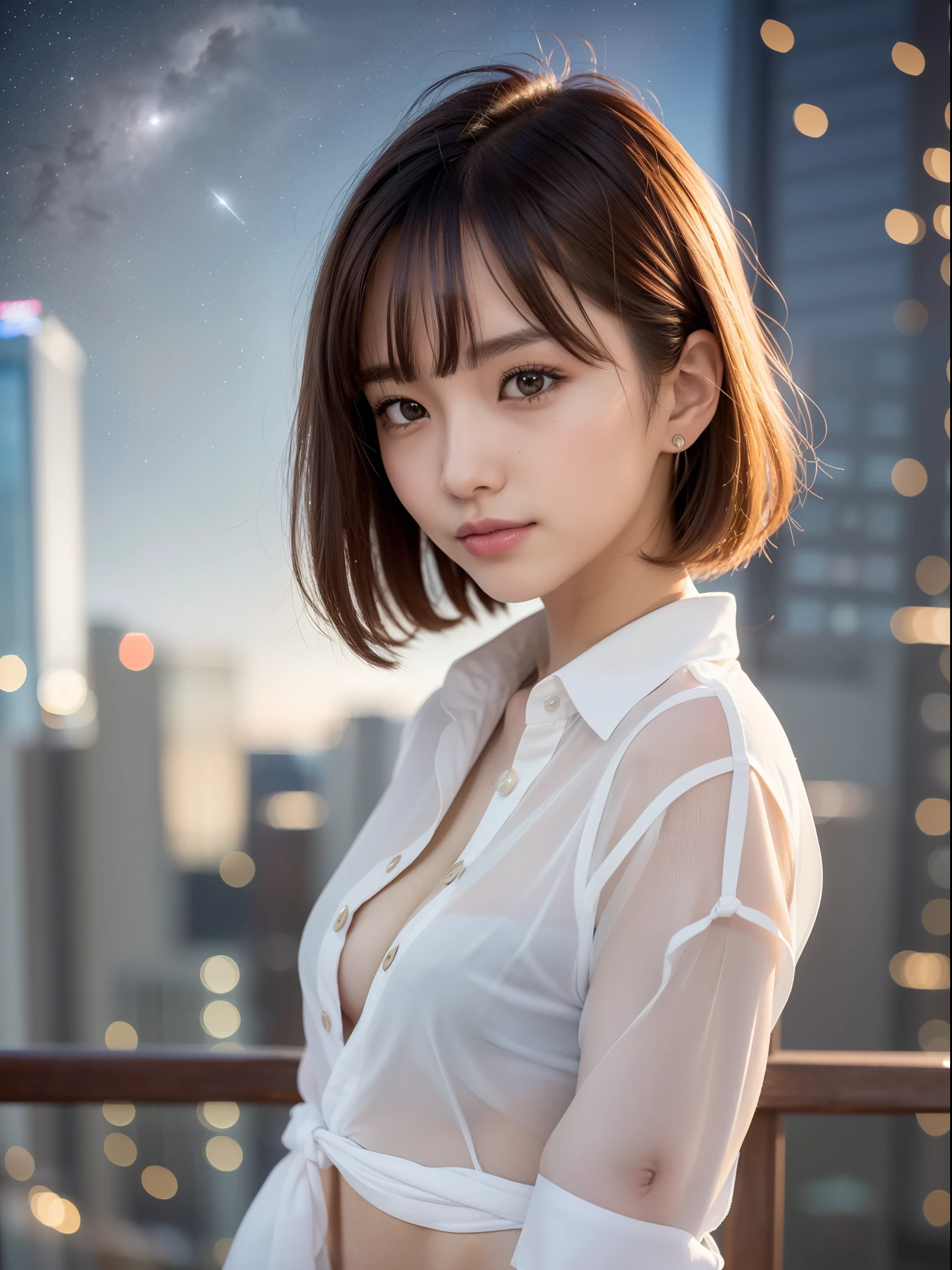 ((of the highest quality, 8K, masutepiece: 1.3, Raw photo)), Sharp Focus: 1.2, (1 AESPA Girl :1.1), Solo, (Realistic, Photorealistic: 1.37), (Face Focus: 1.1), Cute face, hyperdetailed face, (short messy hair: 1.2), Small Smile, Small breasts, flat chest, nude, (taking off her chiffon button down shirt, chiffon panties: 1.2), Thigh, looking away, bustling cityscape, towering skyscrapers, starry sky