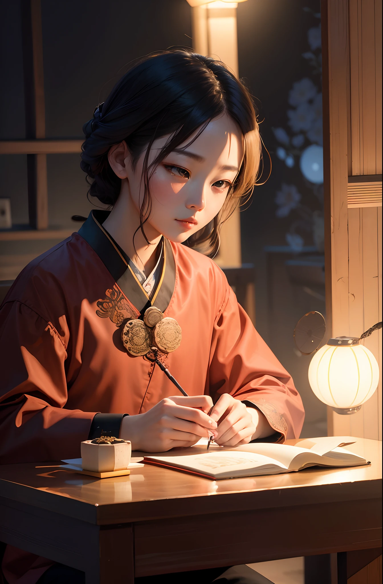 Mid-Autumn Festival,Bean paste flavored mooncake theme,Ancient wind,Study diligently,Diligent students,The bust is decorated in the style of mooncakes,Simple,Eyes are focused,Round glasses,On the table is a stack of bean paste mooncakes