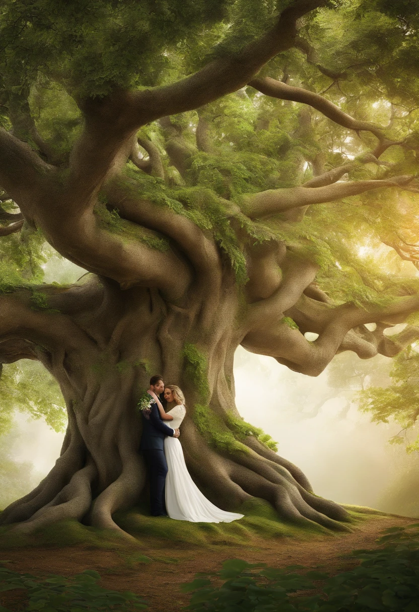 Arbomorph A hug of woman and man turns into a leafy tree, with roots as legs, branches like arms, some leaves fly on a white background,l