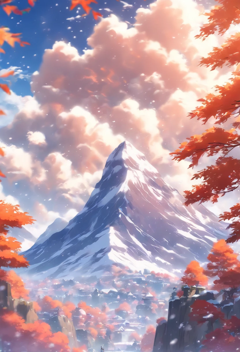 snow mountains,fall foliage,surrounded by cloud,Thick clouds,OC rendering,high qulity,tmasterpiece,8k,super-fine,ultra - detailed,Ultra-wide angle of view,dynamic viewing angle
