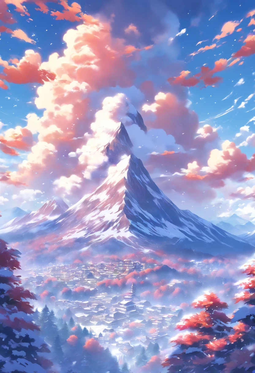 snow mountains，fall foliage，surrounded by cloud，Thick clouds，OC rendering，high qulity，tmasterpiece，8k，super-fine，ultra - detailed，Ultra-wide angle of view，dynamic viewing angle