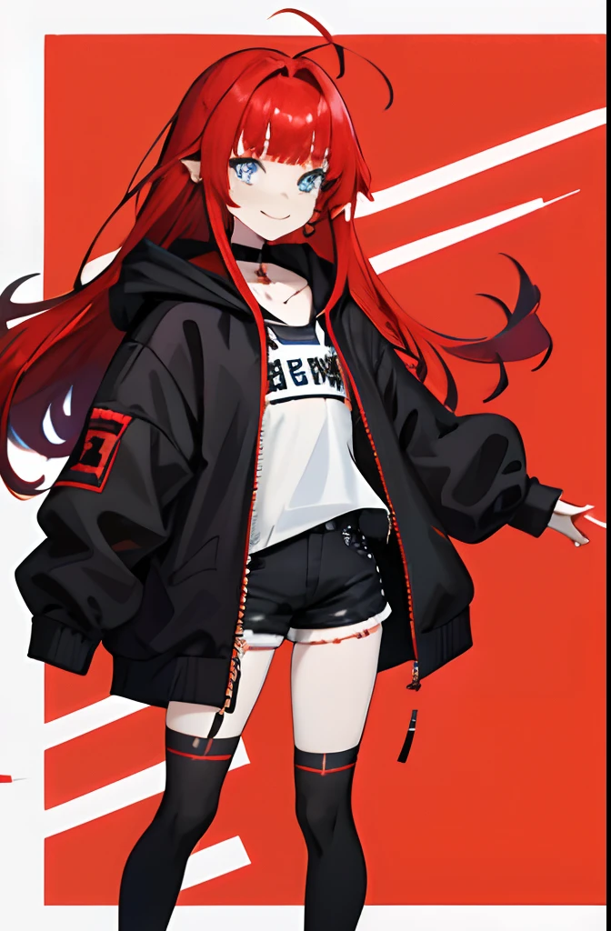 1girl, red hair, long hair, ahoge, sidelocks, blunt bangs, blue eyes, pale skin, flat chest, gothic, black hoodie, stud earrings, black choker, ear piercing, looking at viewer, shorts, full body, striped knee-socks, smile