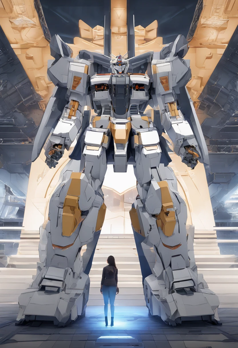 ((Masterpiece, Better quality)),illustration,ultra detailed 8k,Photorealistic,Sharp focus,Very detailed,Professional lighting,Colorful details,Rainbow colors break the factory's extremely long plan,Large mechanical robot construction,micro Chip,Computer,Glossy, Intricate details,Shitu-mecha,1 girl standing next to the mech, gundam, navel, Cute, Sexy, The eyes are super detailed,