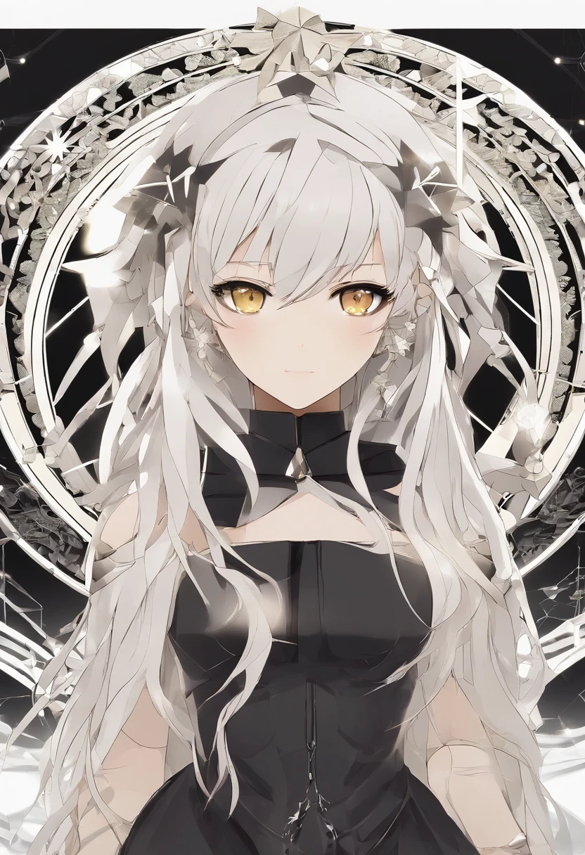 absurderes ,Masterpiece, hqr, 4K, hdr, Best quality, 1 girl in center screen with beautiful face, White_Hair. (Black costume:1.2),deep dark, bangs, Breasts, Eyebrows_Visible_Through_Hair, Hair_decorations, Light_Particle, Long_Hair, Looking_at_peeping at the viewer, mediating_Breasts, Dune surface, Solo, space, Star_(sky), Starry_sky, double tails, Very_Long_Hair, Yellow_Eyes, Transparent, See-through,(Background_Gideon_prime_sand dunes:1.0), (Innocent face:1.1), Beautiful eyes, voluminetric lighting, Real shadows.