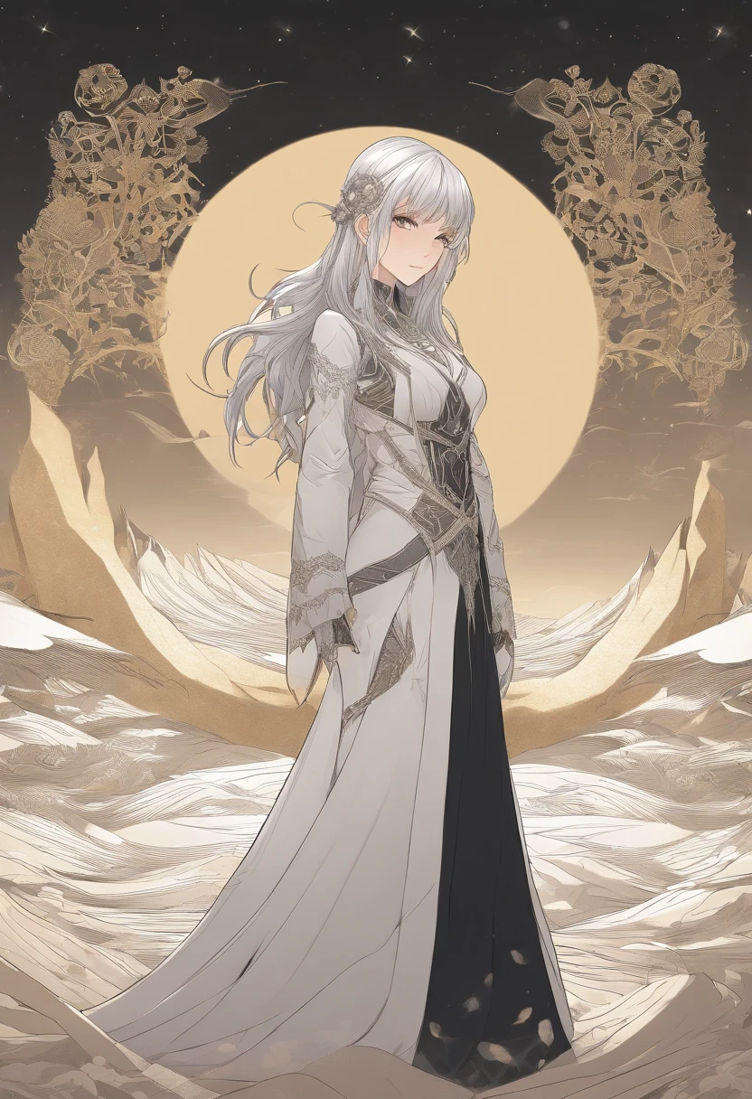 absurderes ,Masterpiece, hqr, 4K, hdr, Best quality, 1 girl in center screen with beautiful face, White_Hair. (Black costume:1.2),deep dark, bangs, Breasts, Eyebrows_Visible_Through_Hair, Hair_decorations, Light_Particle, Long_Hair, Looking_at_peeping at the viewer, mediating_Breasts, Dune surface, Solo, space, Star_(sky), Starry_sky, double tails, Very_Long_Hair, Yellow_Eyes, Transparent, See-through,(Background_Gideon_prime_sand dunes:1.0), (Innocent face:1.1), Beautiful eyes, voluminetric lighting, Real shadows.