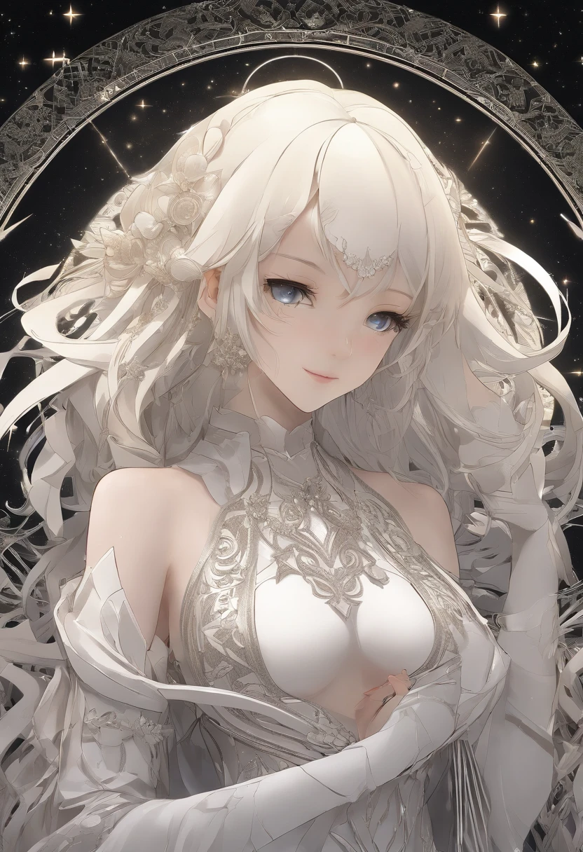 absurderes ,Masterpiece, hqr, 4K, hdr, Best quality, 1 girl in center screen with beautiful face, White_Hair. (Black costume:1.2),deep dark, bangs, Breasts, Eyebrows_Visible_Through_Hair, Hair_decorations, Light_Particle, Long_Hair, Looking_at_peeping at the viewer, mediating_Breasts, Dune surface, Solo, space, Star_(sky), Starry_sky, double tails, Very_Long_Hair, Yellow_Eyes, Transparent, See-through,(Background_Gideon_prime_sand dunes:1.0), (Innocent face:1.1), Beautiful eyes, voluminetric lighting, Real shadows.