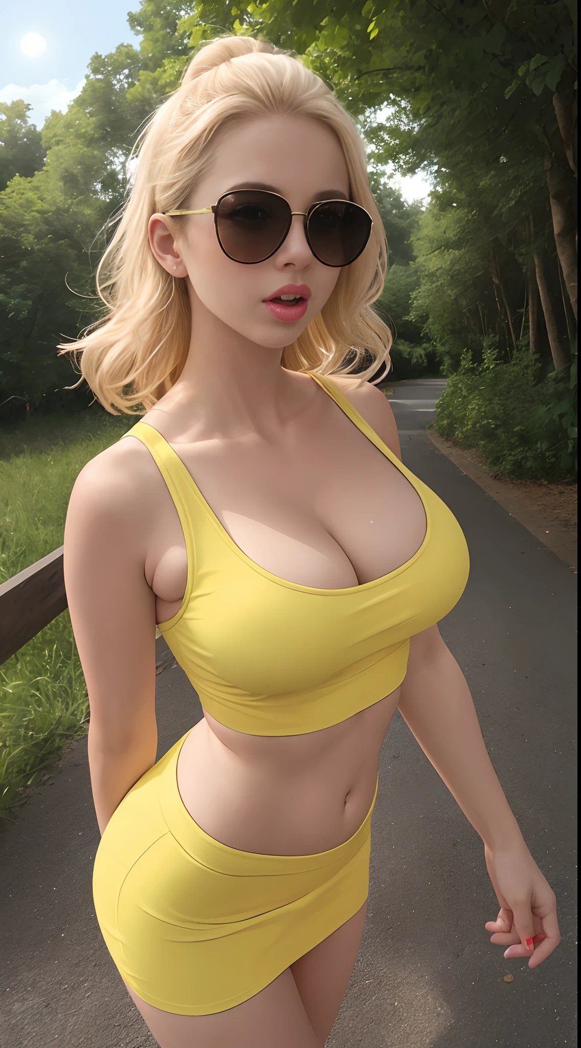 cleavage, woman, from_above, crop top, detailed face, yellow bodycon tank top, blonde hair, park, sky, trees, pale skin, moonlight, stars, 1girl, full body, statement sunglasses, woman, busty, petite, vivid colors, bokeh background, subject for emphasis,dramatic colors, dynamic angles, (banana on breast), open your mouth, sucking a banana,