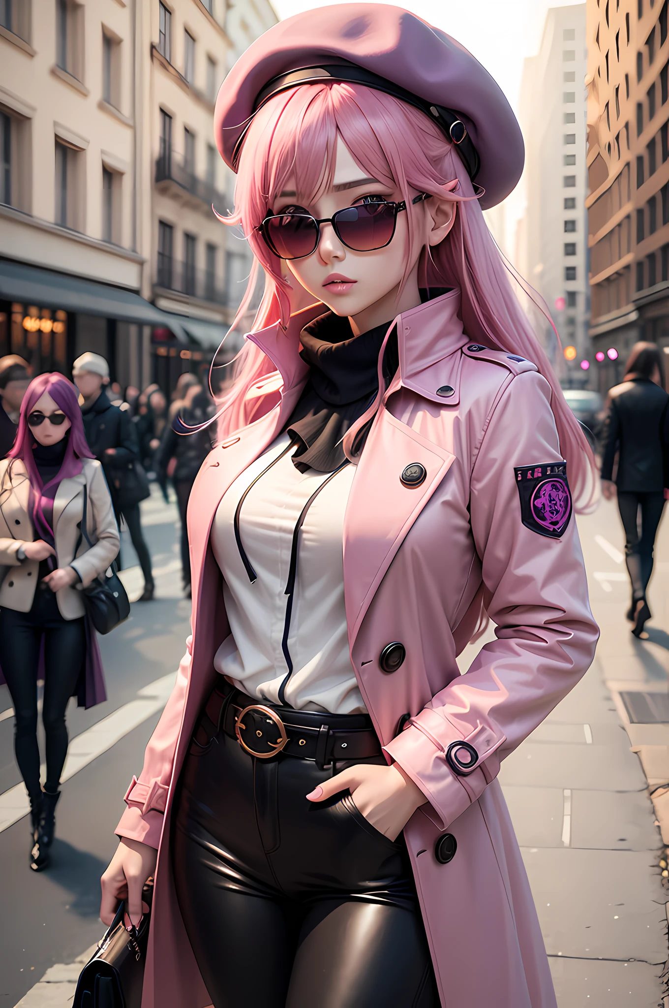 4k, realistic, high detailed, super eyes detailed, fashion clothes, pink trenchcoat, french beret, black pants with belt, long hair, in the city, pink hair, purple eyes, yae miko, wearing trendy sunglasses,