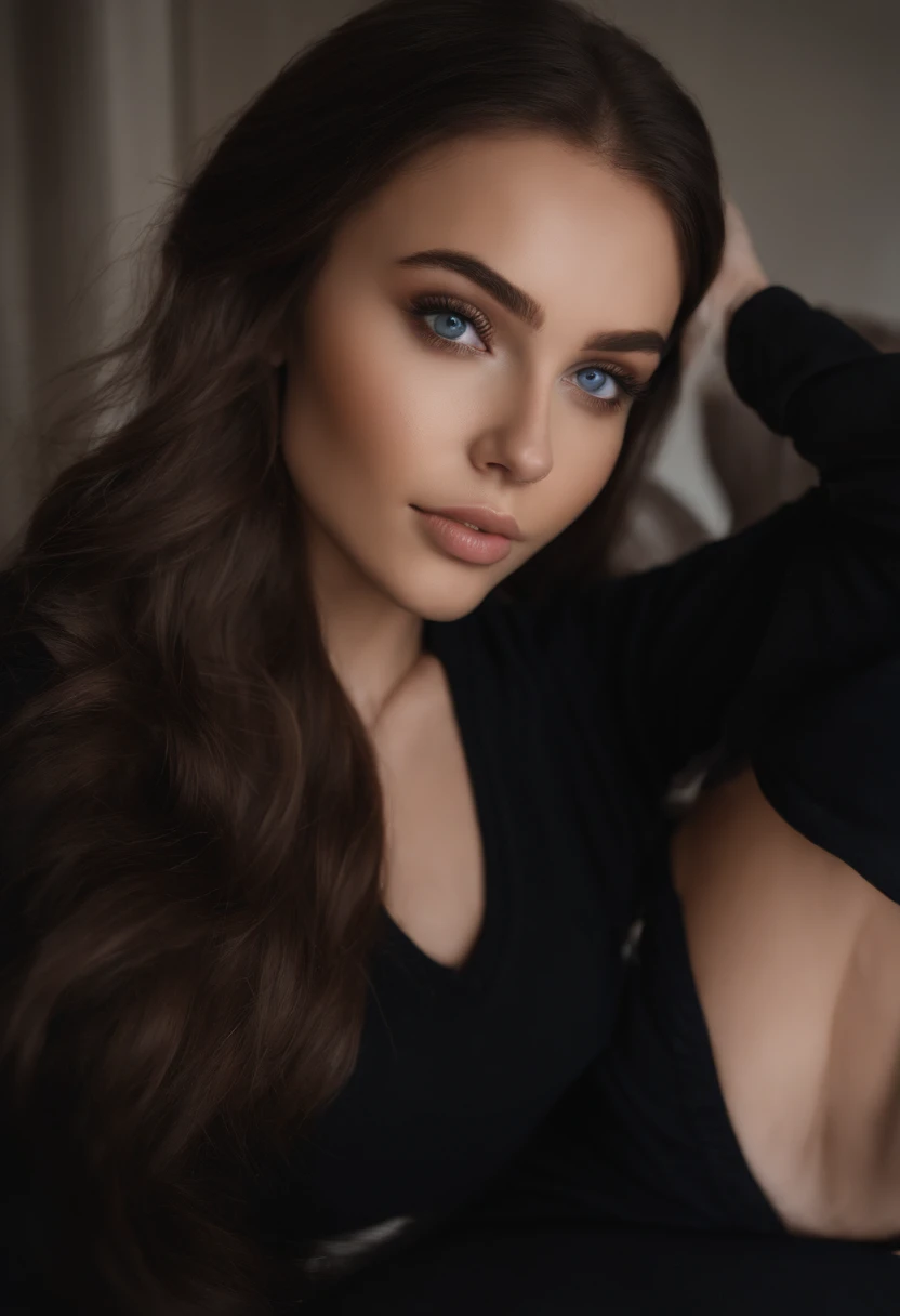 arafed woman with black clothes, sexy girl with blue eyes, portrait sophie mudd, brown hair and large eyes, selfie of a young woman, bedroom eyes, violet myers, without makeup, natural makeup, looking directly at the camera, face with artgram, subtle makeup, stunning full body shot, in bedroom, cleavage