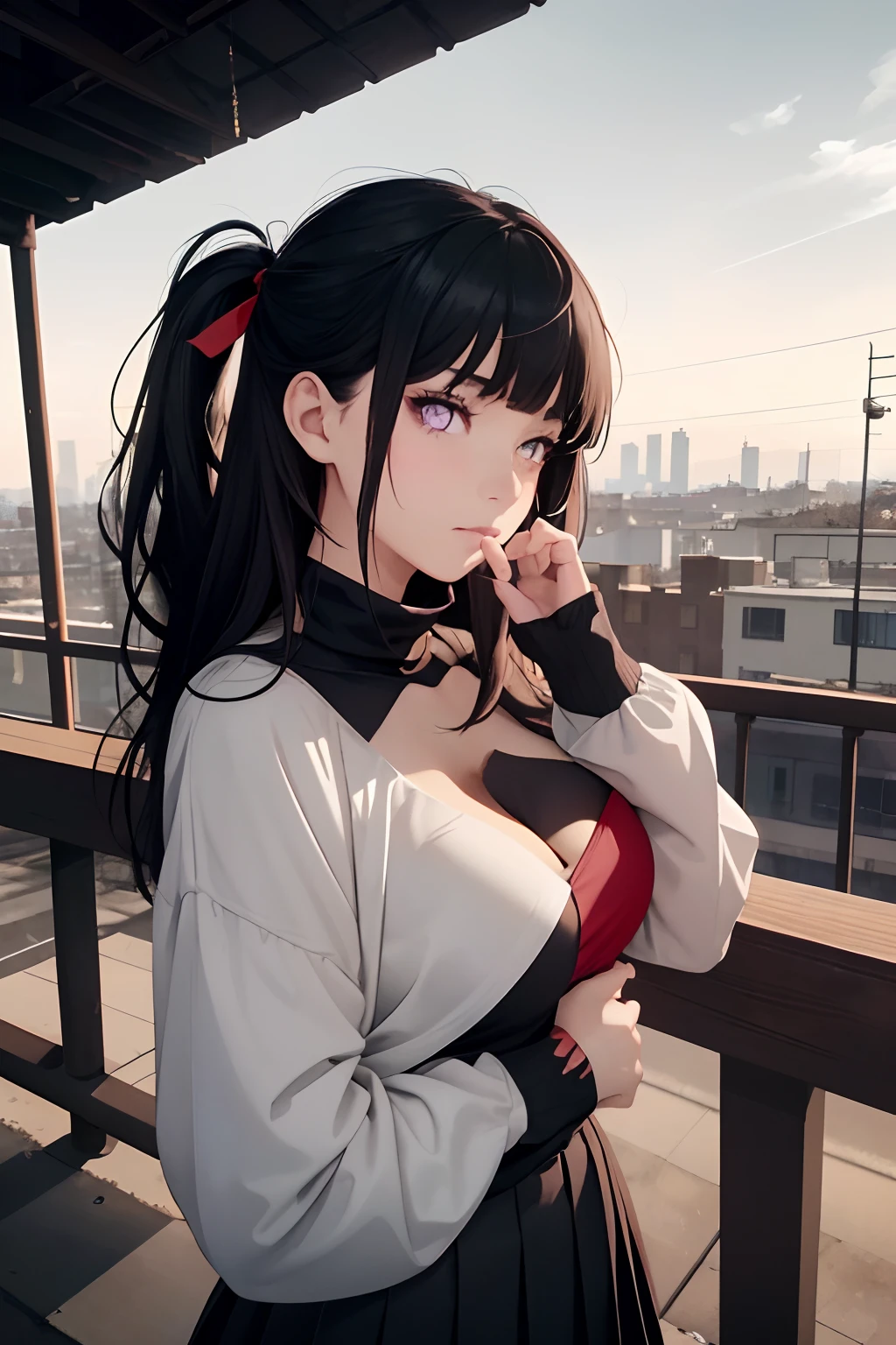 Candid Shot At Girl Picture, Volumetric Lighting, Best Shadows, Shallow Depth of Field, Portrait Of Stunningly Beautiful Girl, Delicate Beautiful Attractive Face With Alluring Sharp purple Eyes, Sharp Eyebrows, Enjoying The Scenery, Closed Mouth, Lovely Medium Breasts, Layered Long dark blue Two-Side Up Hair, Windswept Hair, Hair Ribbon, Blush Eyeshadow, Thick Eyelashes, Cross On The Red Turtleneck Shirt, Long Sleeve, Slim Waist, Black Short Pleated Skirt, Thigh Gap, Black Thigh-High Stockings, Red Sky At Night, Clouds, School Rooftop, Under Red Moon, Rooftop Guardrails, Villagescape, Facing Away, Side View of Leaning On Railing, Shoulder Blades, (Highest Quality, Amazing Details:1.25), (Solo:1.3), Brilliant Colorful Paintings, Blunt Bangs