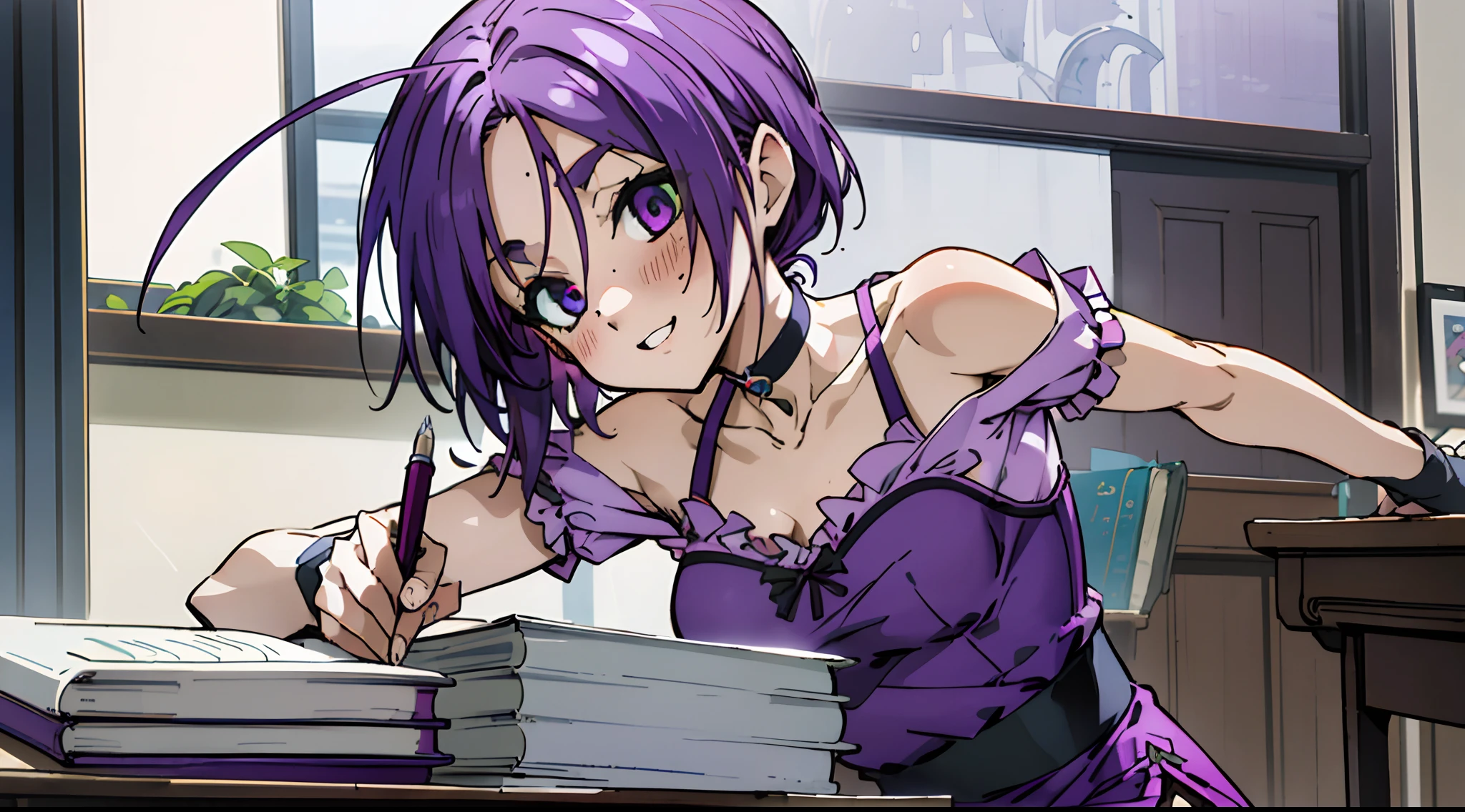 Masterpiece, Best quality, Ultra-detailed, Off-the-shoulder attire, Colorful,take up close, Hyper-detailing,purple color hair, reo mikage, bluelock, no sleeves, camisole, blue camisole, cheongsam, chinese clothes, chest exposure, underwear, frilly underwear, the kinky is exposed, choker, black choker, arm warmers, sexy breasts, scar, big breasts, red blush, 1girl, Solo, sharpy face, heterochromia, green eyes, purple eyes, Bare neck, happiness face, Bedroom, bed, desk, paper, book, pen, quill on desk, pen in right hand, chin resting