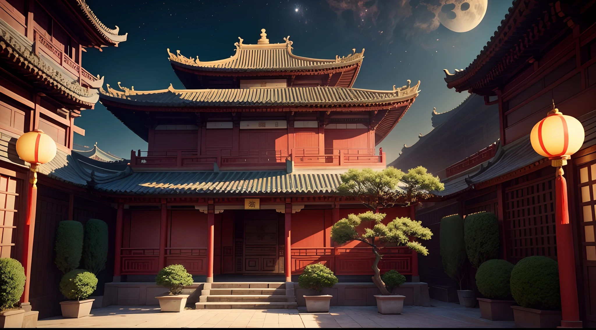 Chinese-style building on the moon,There is a osmanthus tree next to it