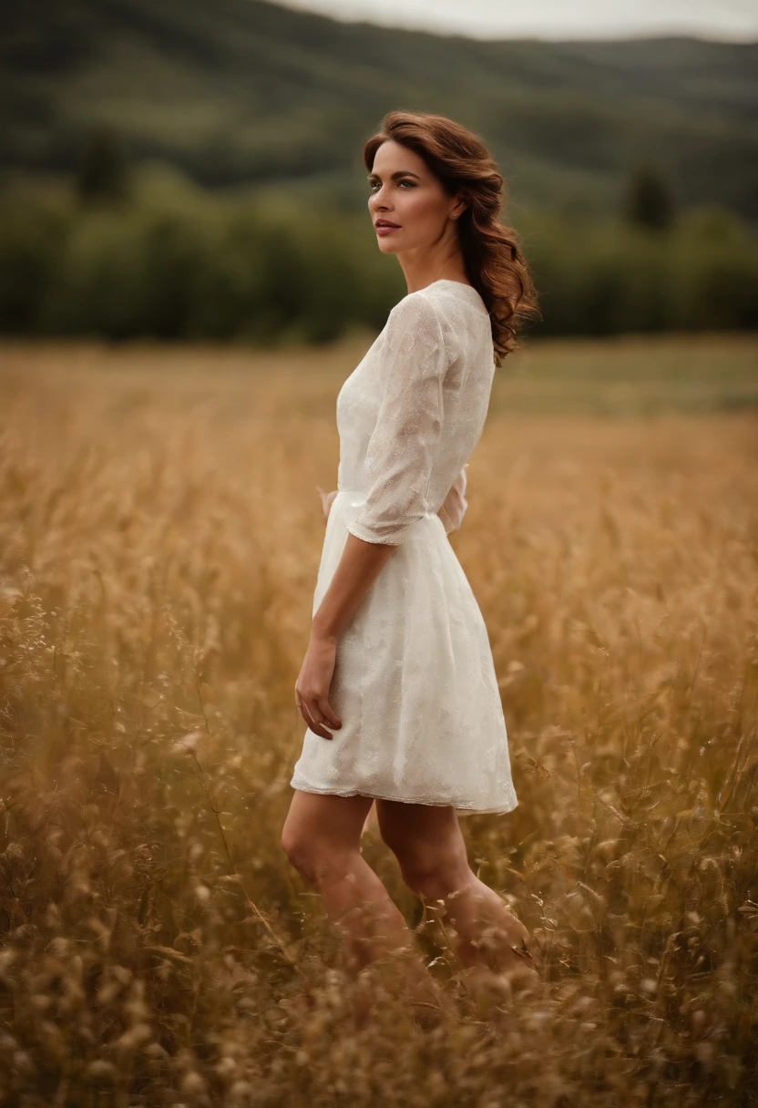 femele, Short brown hair in a white dress in a meadow