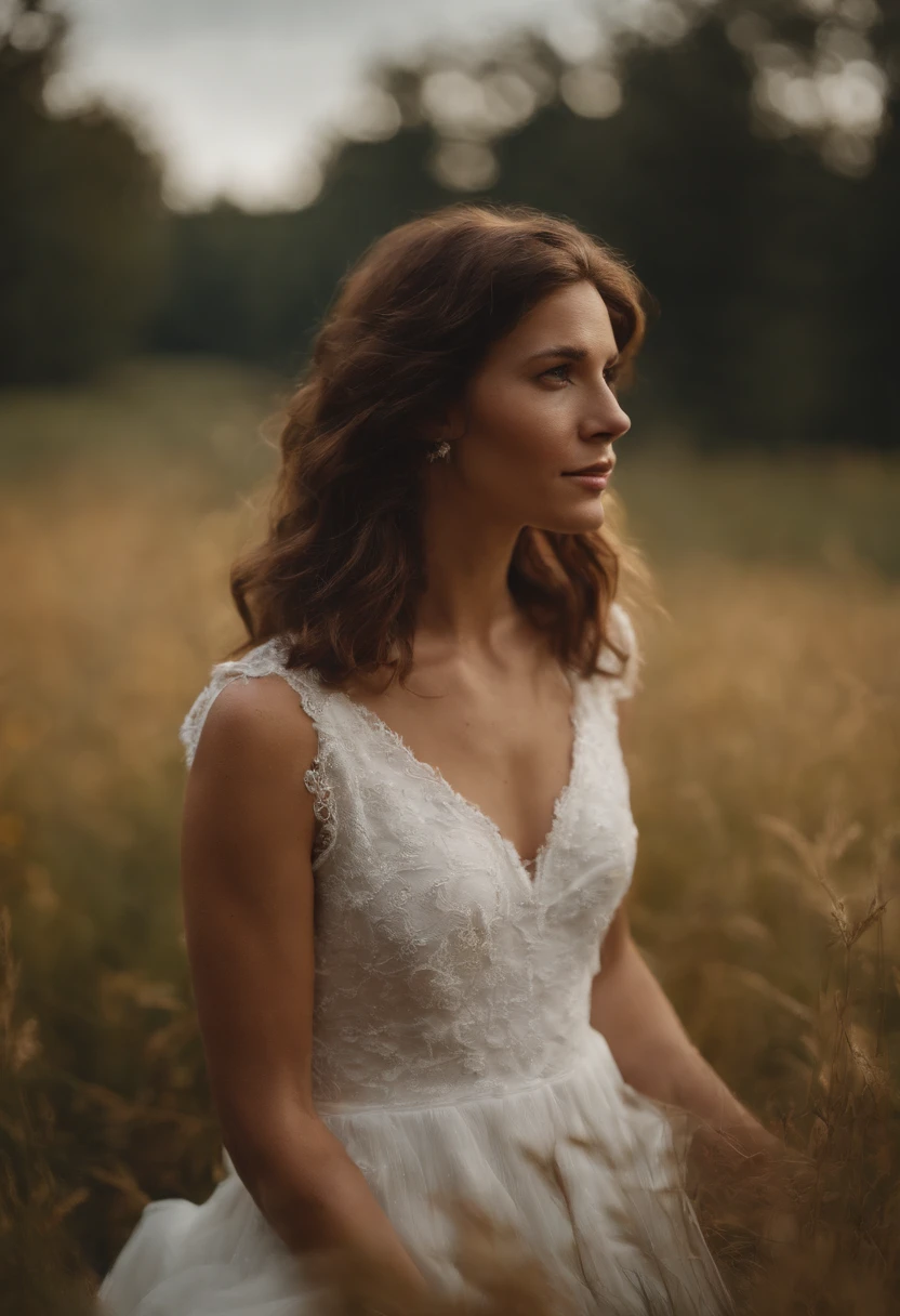 Portrait of a female country girl, 30 years old, dressing nicely in a farm field, early morning after sunrise, wearing a nice white dress showing part of her small chest, she’s holding a book in her hand