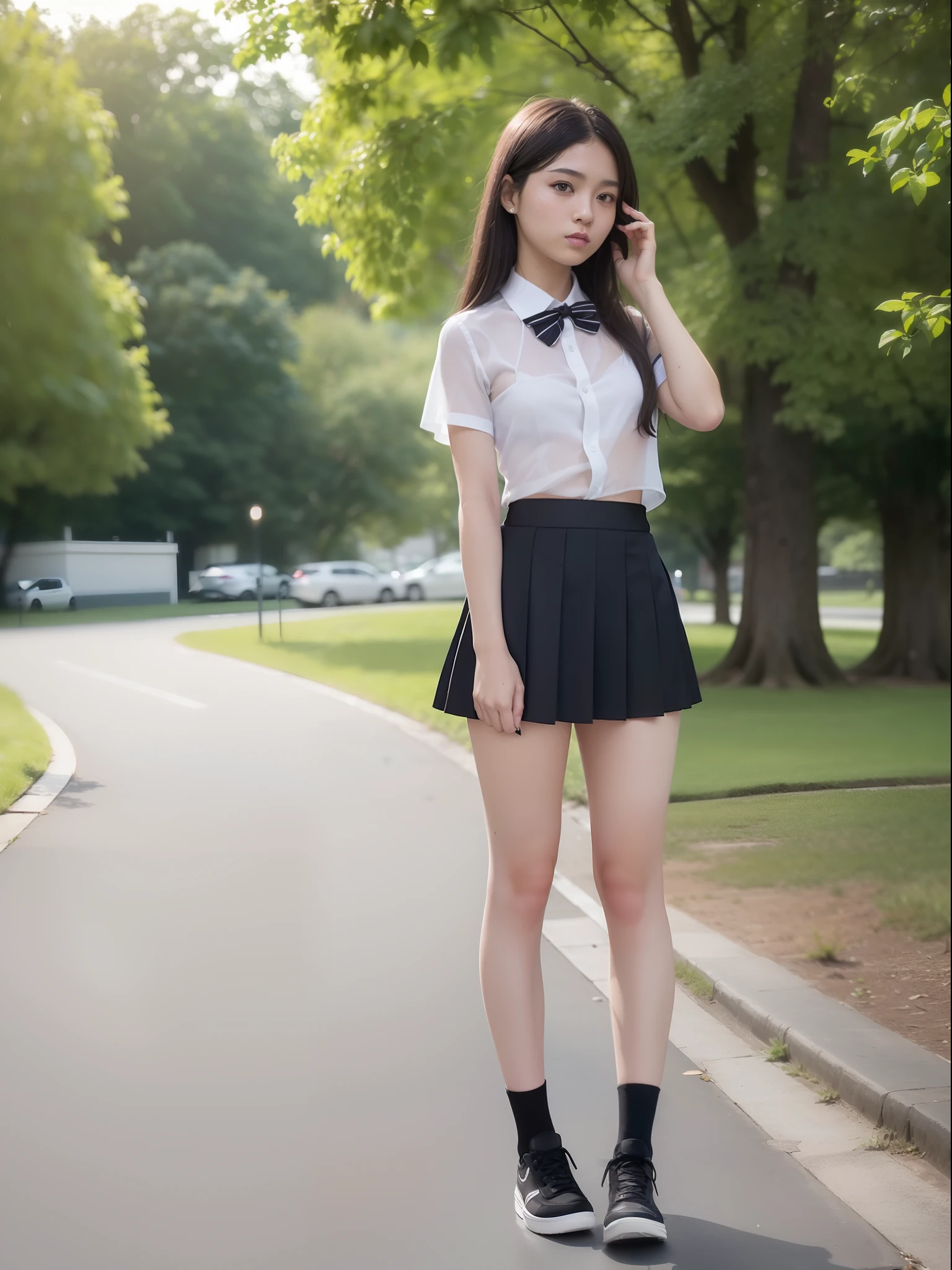 Underwear, 20 year old woman photo, cute, panties, ((KPOP Idol)), small, small breasts, glasses, full body, anger, lace panties, sitting, panty shot, spread legs, skirt, school uniform, white panties, socks, black hair, shirt, blurry, blurry background, knee high, white shirt, loafers, realistic, long hair, lips, brown eyes, black socks, bow tie, pleated skirt, bow, headrest, sideways, outdoors, brown footwear, masterpiece, best quality, ultra detail
