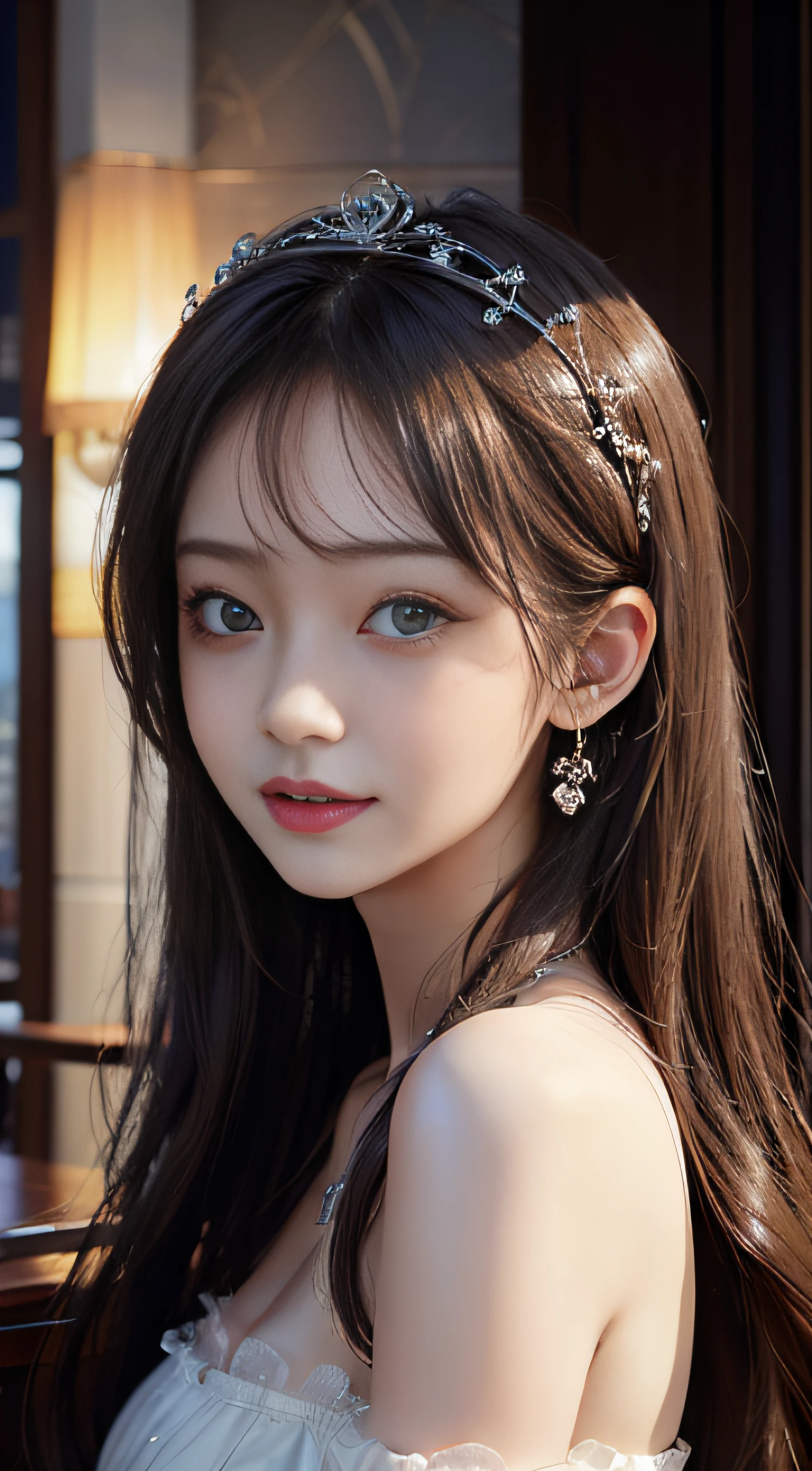masterpiece、Top image quality:1.2、((beautiful young woman with))、Transparent skin:1.2、{A slight smil}、(kawaii)、luxury hotel、depth of fields