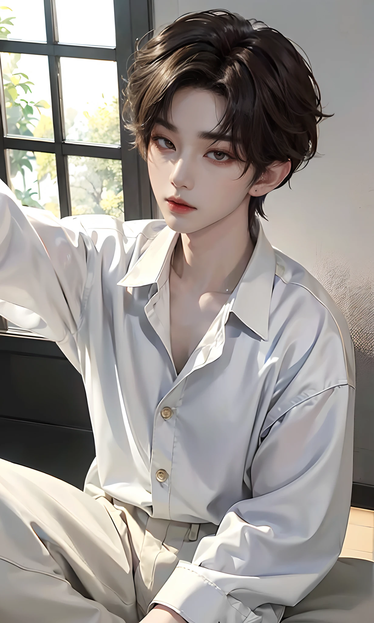 ​masterpiece、（top-quality)、((high-level image quality))、One Manly Boy、((White Y-shirt and long black pants))、(Detailed beautiful eyes)、Stylish homeroom、Take a selfie while sitting with your back to the wall、Face similar to Chaewon in Ruseraphim、((short hair above the ears))、((Smaller face))、((Neutral face))、((Light brown eyes))、((Korean boy))、((18year old))、((Handsome man))、((Wild look))、((Korean Makeup))、((elongated and sharp eyes))、((Take a selfie))、((Selfie near face))、((Close-range shooting))