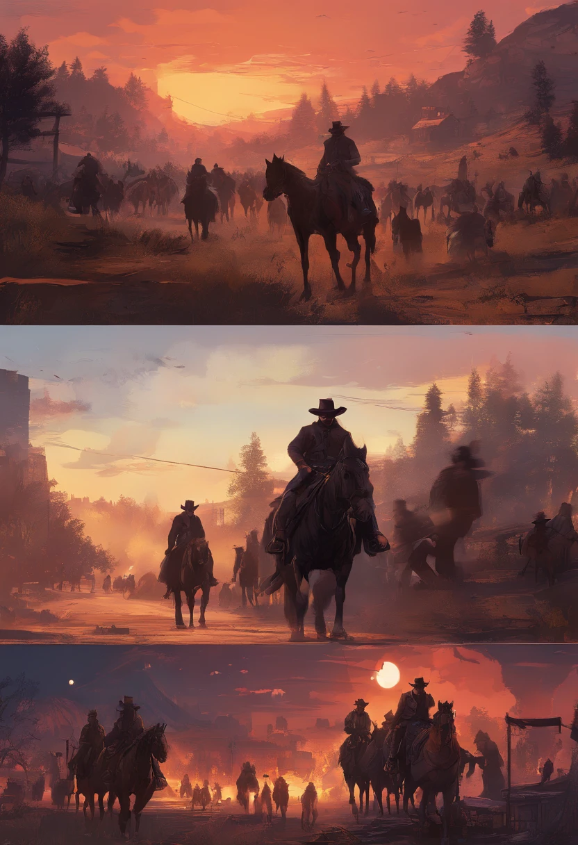 (red dead redemption 2 style,1899 year, 6 outlaws riding horses,gang,art poster,saint Denis city from RDR2 game ，six outlaws.six guys，)

(best quality,4k,8k,highres,masterpiece:1.2),ultra-detailed,(realistic,photorealistic,photo-realistic:1.37),HDR,UHD,studio lighting,ultra-fine painting,sharp focus,physically-based rendering,extreme detail description,professional,vivid colors,bokeh,portraits

,landscape,horror,anime,sci-fi,photography,concept artists

,red orange,deep shadows, warm tones, vibrant colors

,soft, warm natural light, dramatic highlights and shadows, backlighting