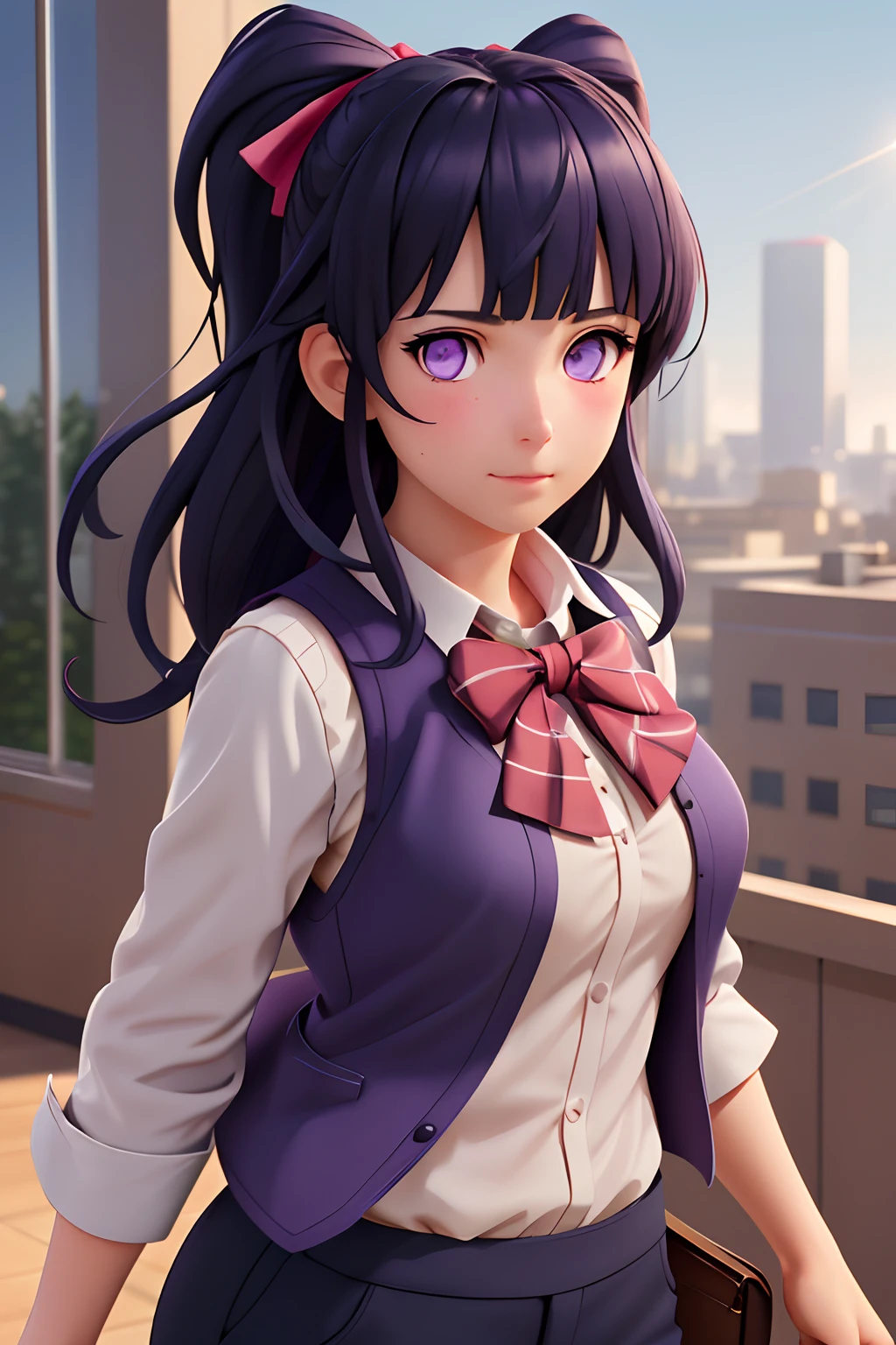 1girl, matured female, vest, bow, photo, realistic, best quality, hires, detailed face, office, buildings from window, detailed background, diffused sunlight, depth of field, bokeh,Blunt Bangs, purple eyes, long dark blue hair