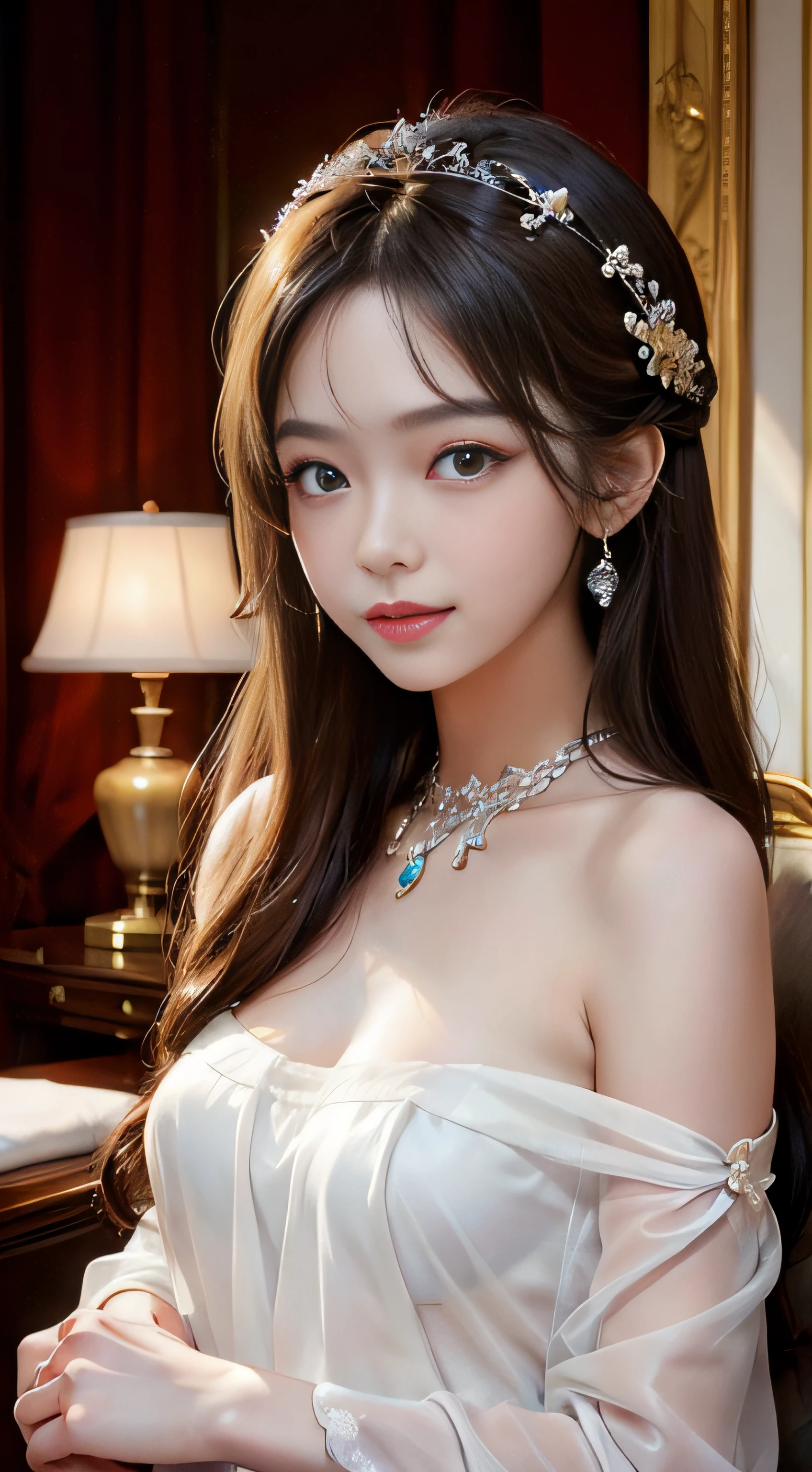 ​masterpiece、Top image quality:1.2、((beautiful young woman with))、Transparent skin:1.2、{A slight smil}、(kawaii)、luxury hotel、depth of fields